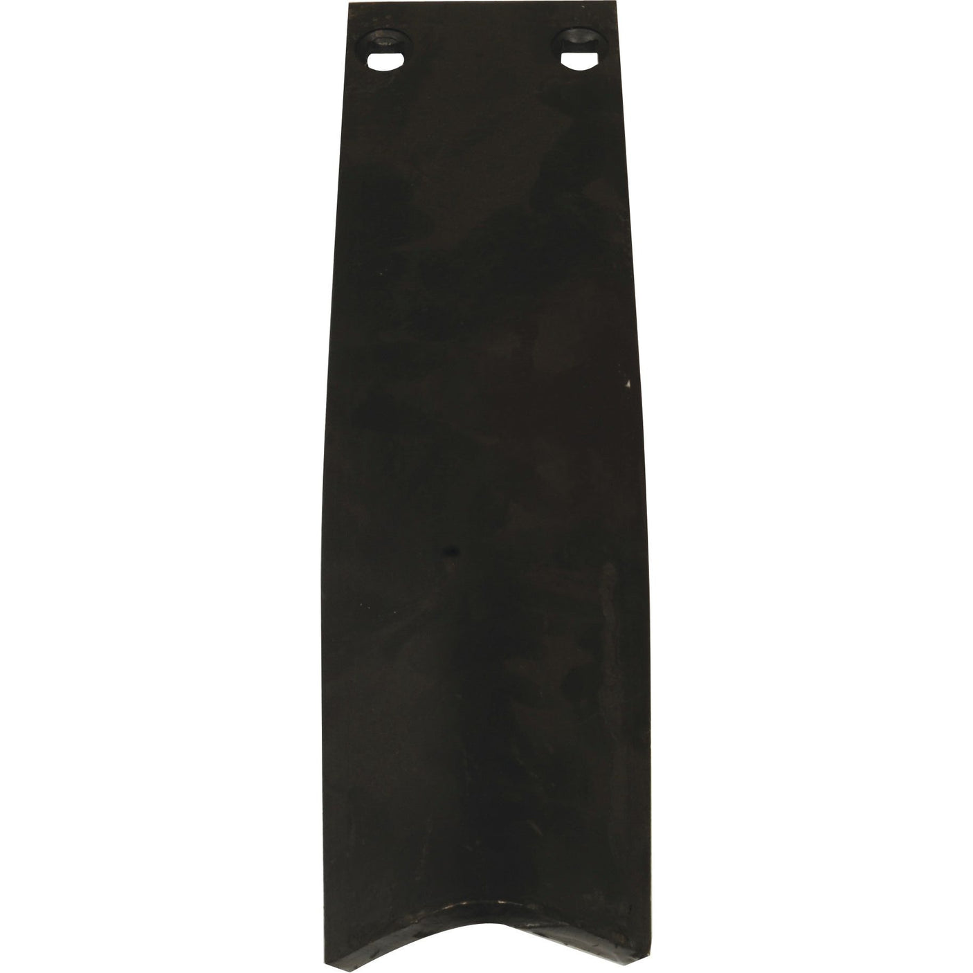 A Sparex Levelling Wear strip 350x100x8mm, product code S.102538 (P05749), is a black metal blade with precise hole spacing, featuring two circular holes at the top and a curved edge at the bottom.