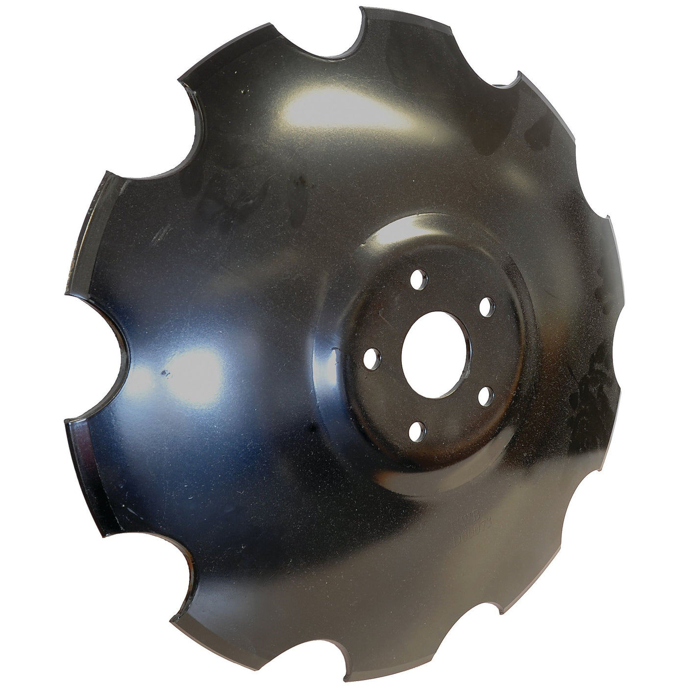 Close-up of a black metal rotary blade with a circular design and jagged edges, featuring a central hub with multiple mounting holes, specifically the Sparex Cutaway Harrow disc 510x6mm - Hole 60mm Round Centre Hole (Sparex Part No. S.102545), suitable for Simba equipment.