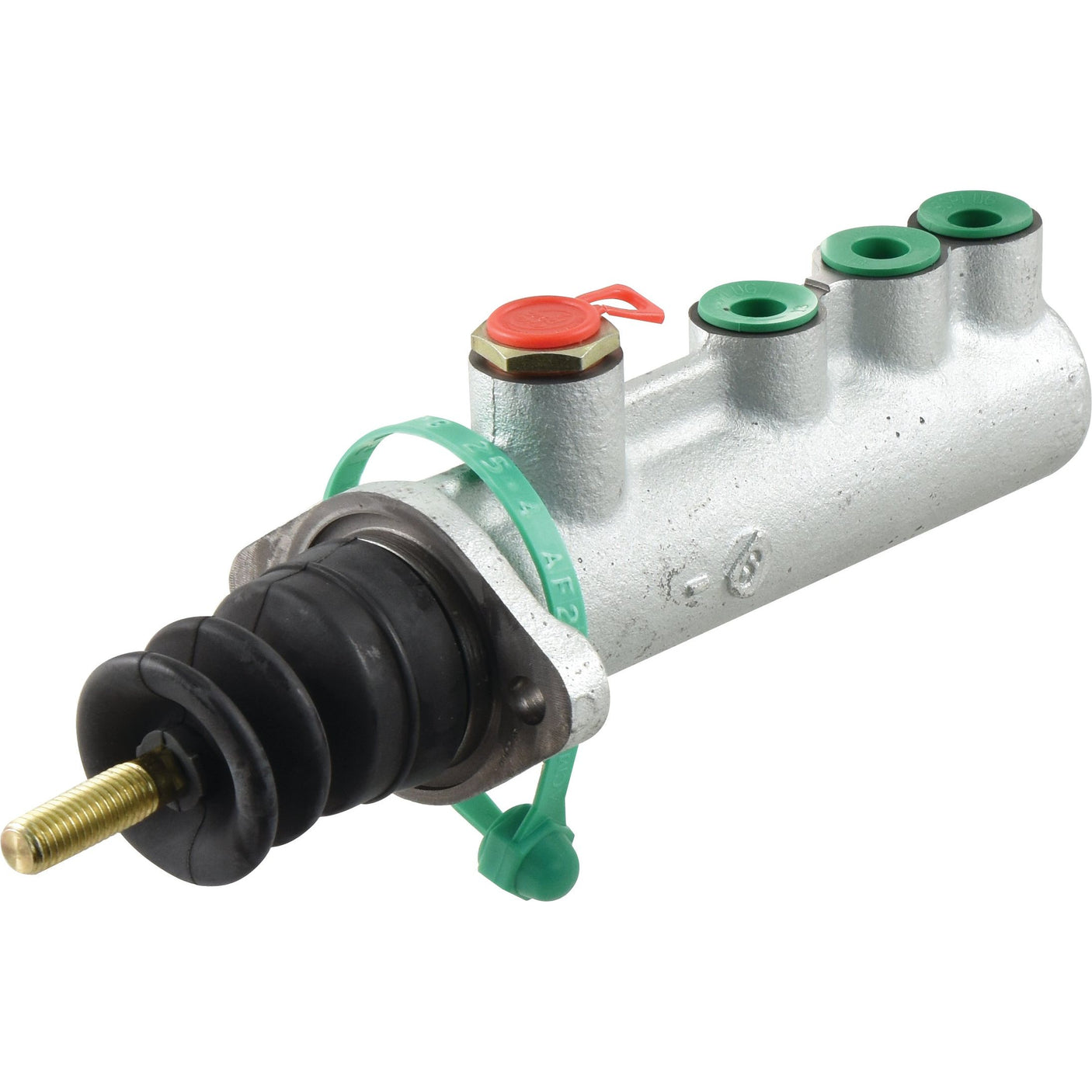 A Sparex Brake Master Cylinder from Massey Ferguson, part number S.102604, featuring a silver hydraulic clutch master cylinder with four ports, a black rubber boot, a threaded rod end, and a green plastic strap attached.