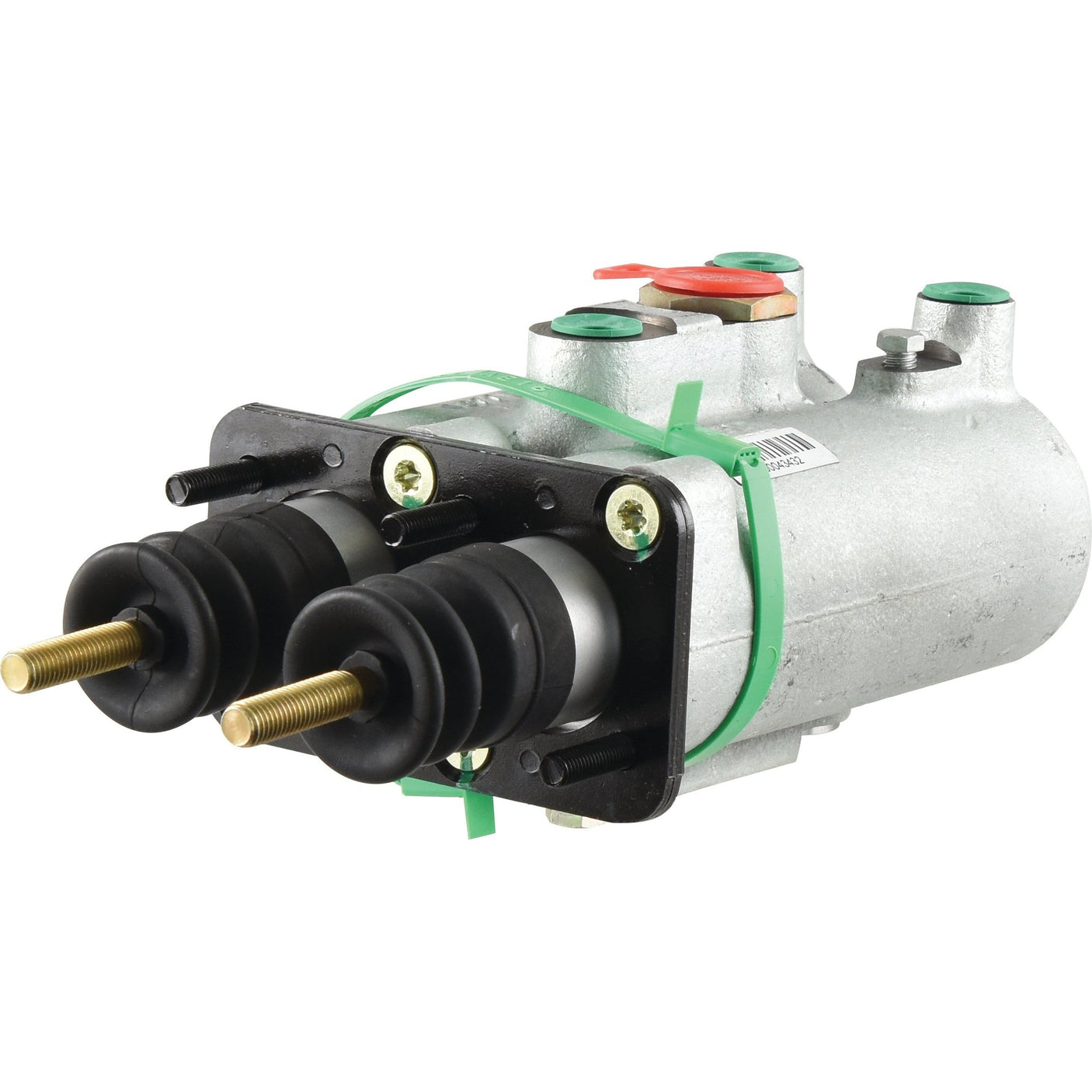 Sparex's Brake Master Booster Cylinder (Sparex Part No. S.102605) features a dual-cylinder brake system with attached rods, black rubber boots, a metallic housing, and green bands securing the components. It is compatible with Carlisle systems and designed for use with mineral oil to ensure smooth operation.