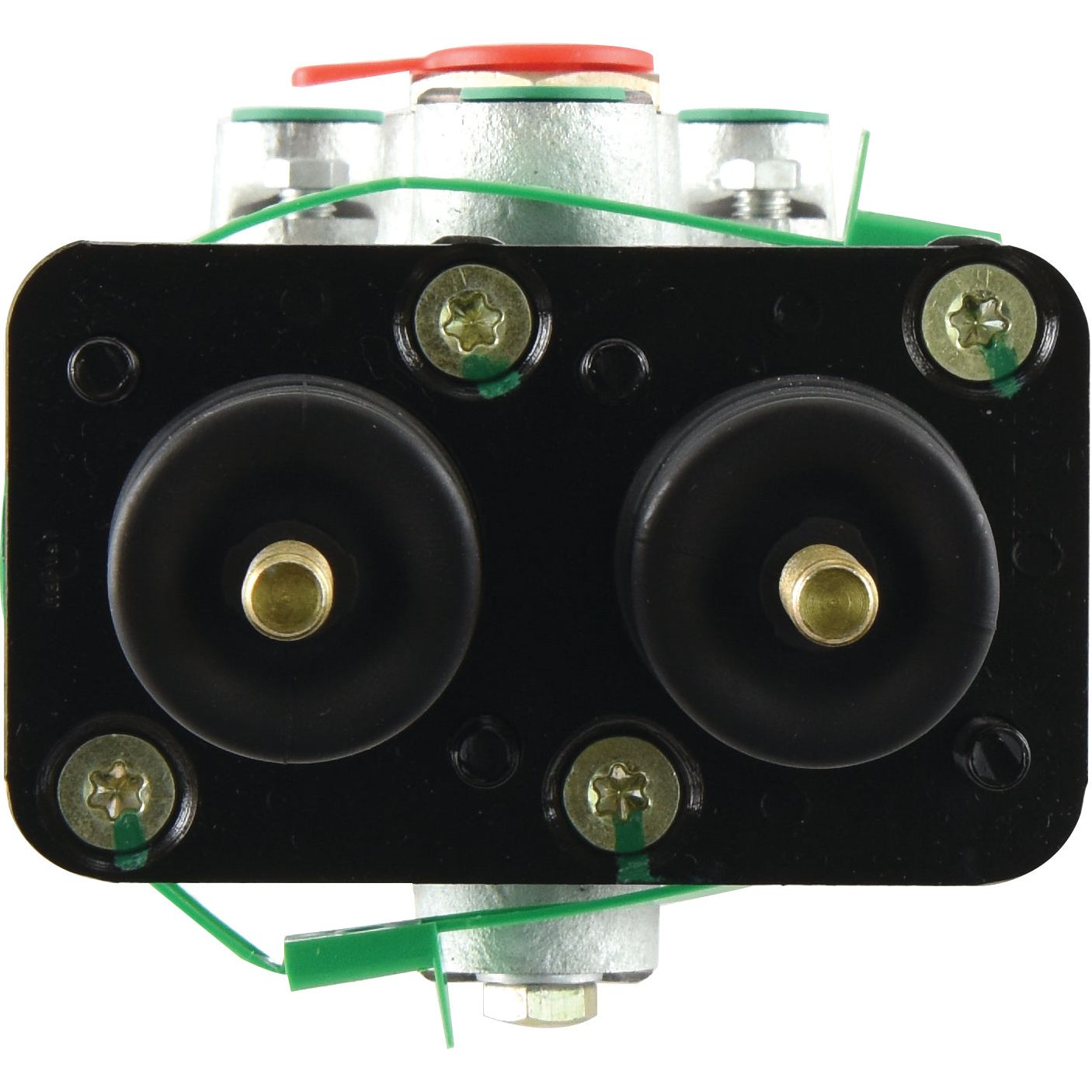 Close-up view of a Brake Master Booster Cylinder by Sparex (Part No. S.102605) with two black circular elements, green wiring, and several screws, possibly part of a seal/repair kit.