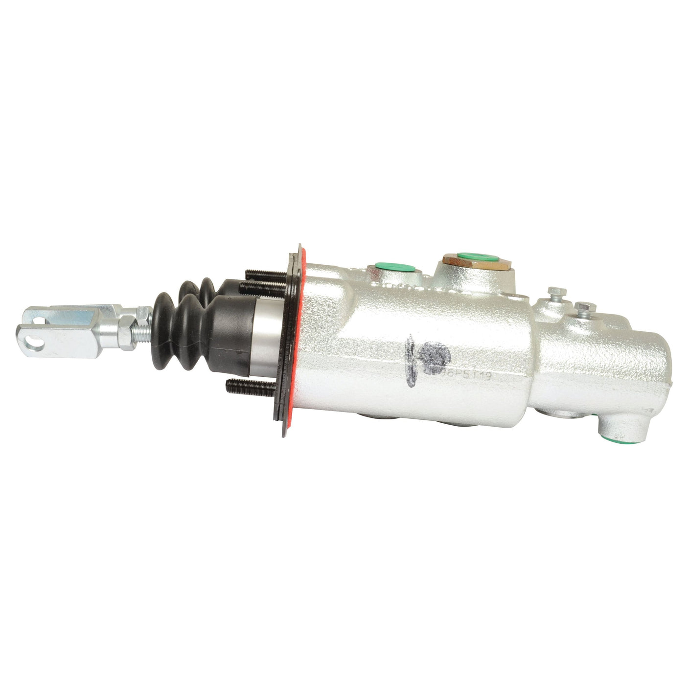 The Sparex Brake Master Booster Cylinder (Sparex Part No. S.102606) features a silver hydraulic brake master cylinder with a black rubber boot and green connectors, ideal for Case IH applications, all showcased against a white background.