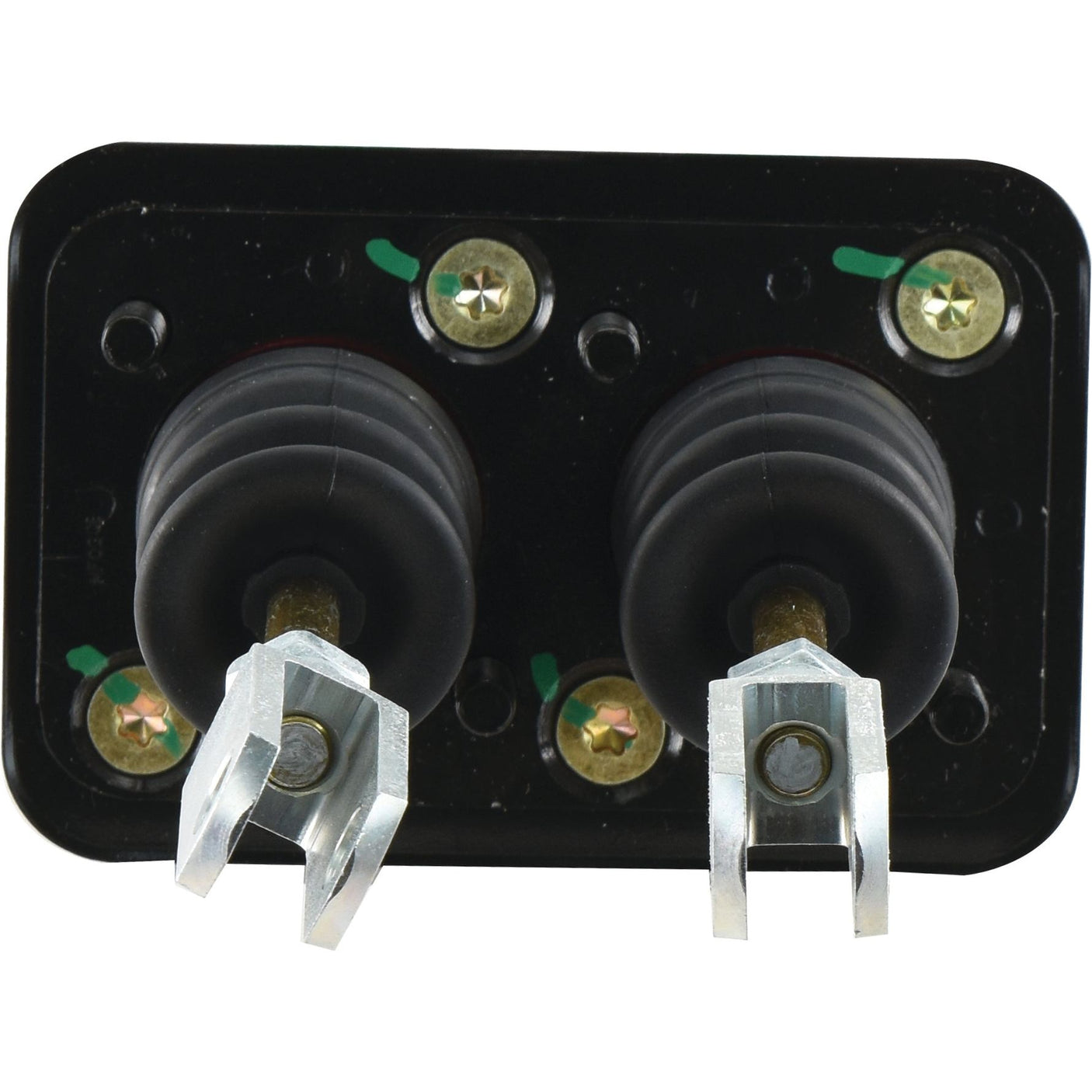 The Sparex Brake Master Booster Cylinder (Sparex Part No. S.102607) is a black rectangular electrical component featuring two cylindrical switches and two metal connectors at the bottom, with several screws visible on the surface. Compatible with Mineral Oil, it's ideal for Ford New Holland applications.