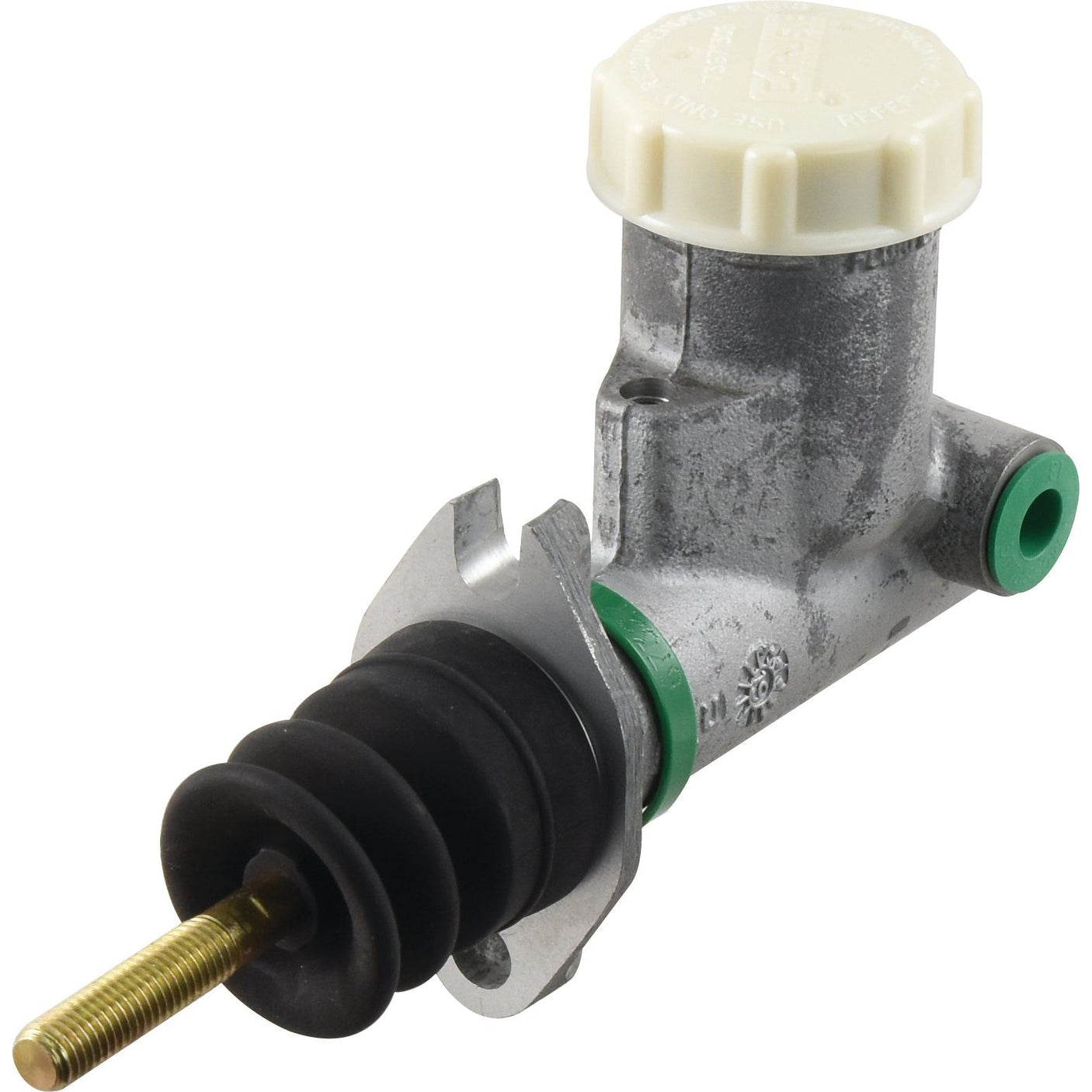 The Sparex Clutch Master Cylinder, part number S.102609, features a durable metal body with a white plastic cap, green seals, and a gold threaded rod. It is ideally compatible with the International Harvester CX60 and Case IH CX100 models.