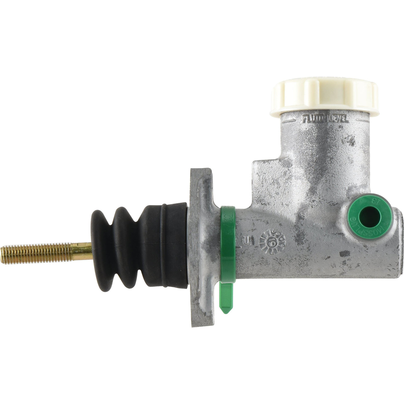 Image of a metal Sparex Clutch Master Cylinder (Sparex Part No.S.102609) featuring a white plastic cap, black rubber boot, and green marking, commonly used in automotive applications such as the International Harvester CX60.