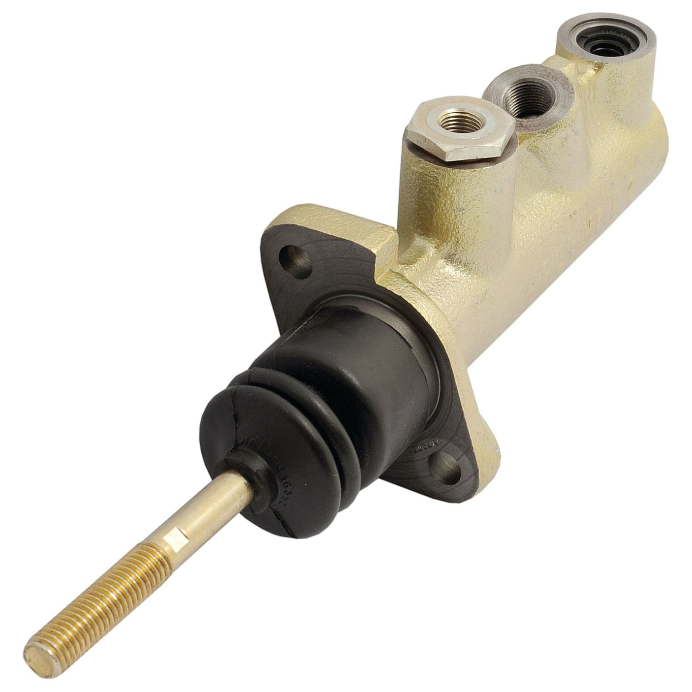 Close-up view of the Sparex Brake Master Cylinder (Sparex Part No. S.102617), featuring three ports and a threaded rod extending from a rubber boot, suitable for applications in machines like the JCB 2CX.