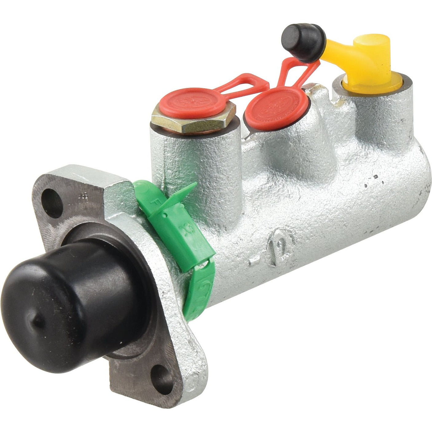 Close-up of a Sparex Brake Master Cylinder (Sparex Part No. S.102619) with multiple colored caps and connectors, specifically designed for use in a JCB 3CX or similar vehicle's braking system.