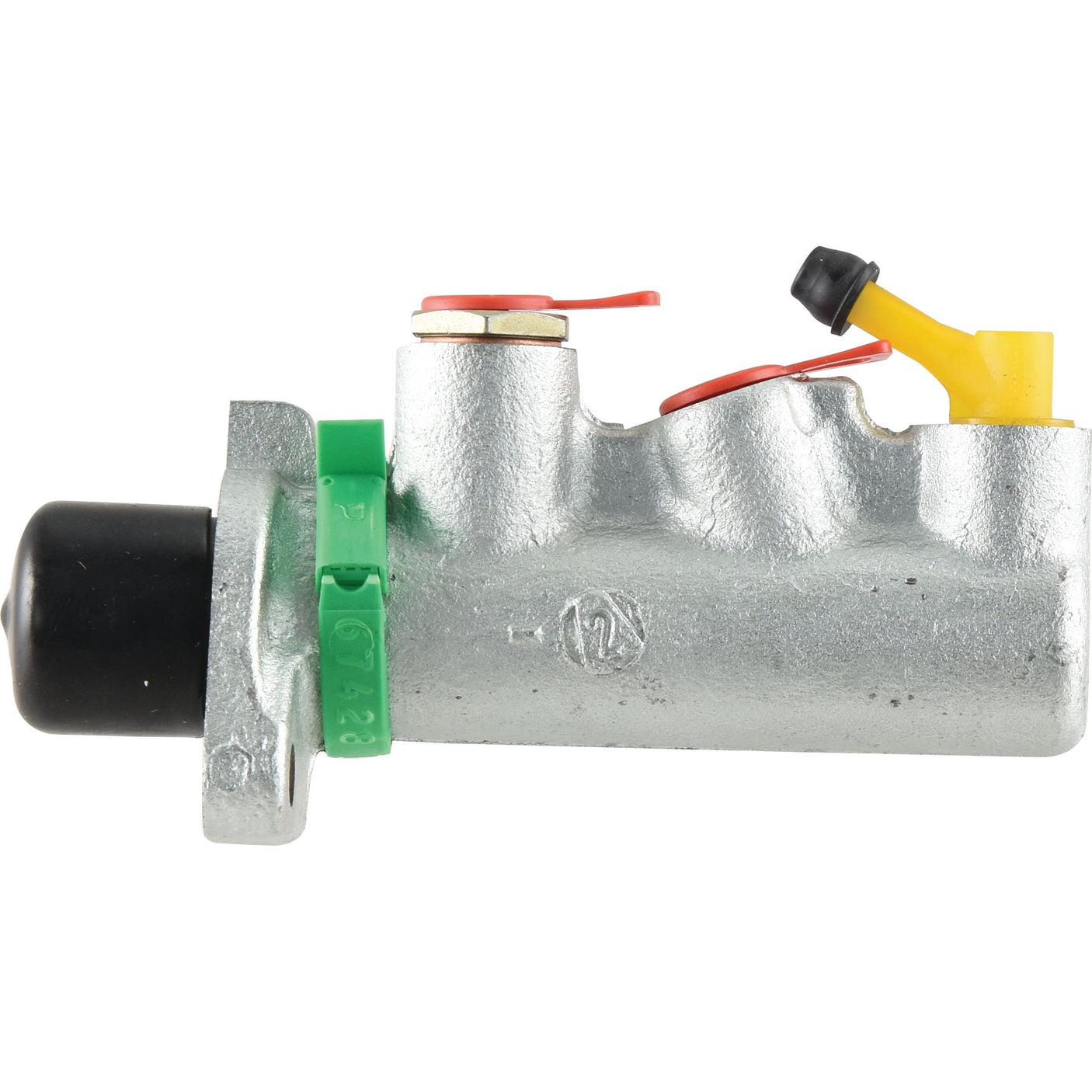 Close-up side view of a Sparex Brake Master Cylinder (Sparex Part No. S.102619) with green, red, and yellow components on a JCB 3CX.