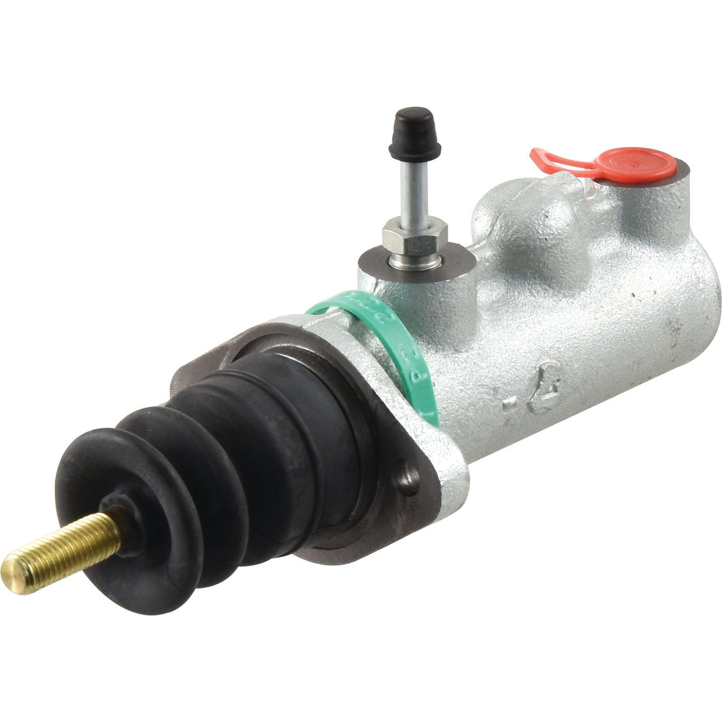 A close-up of the Brake Master Cylinder (Sparex Part No. S.102624) by Sparex, featuring a grey metal body, black rubber boot, and various fittings, designed to work seamlessly with the advanced systems found in JCB Fastrac machinery.