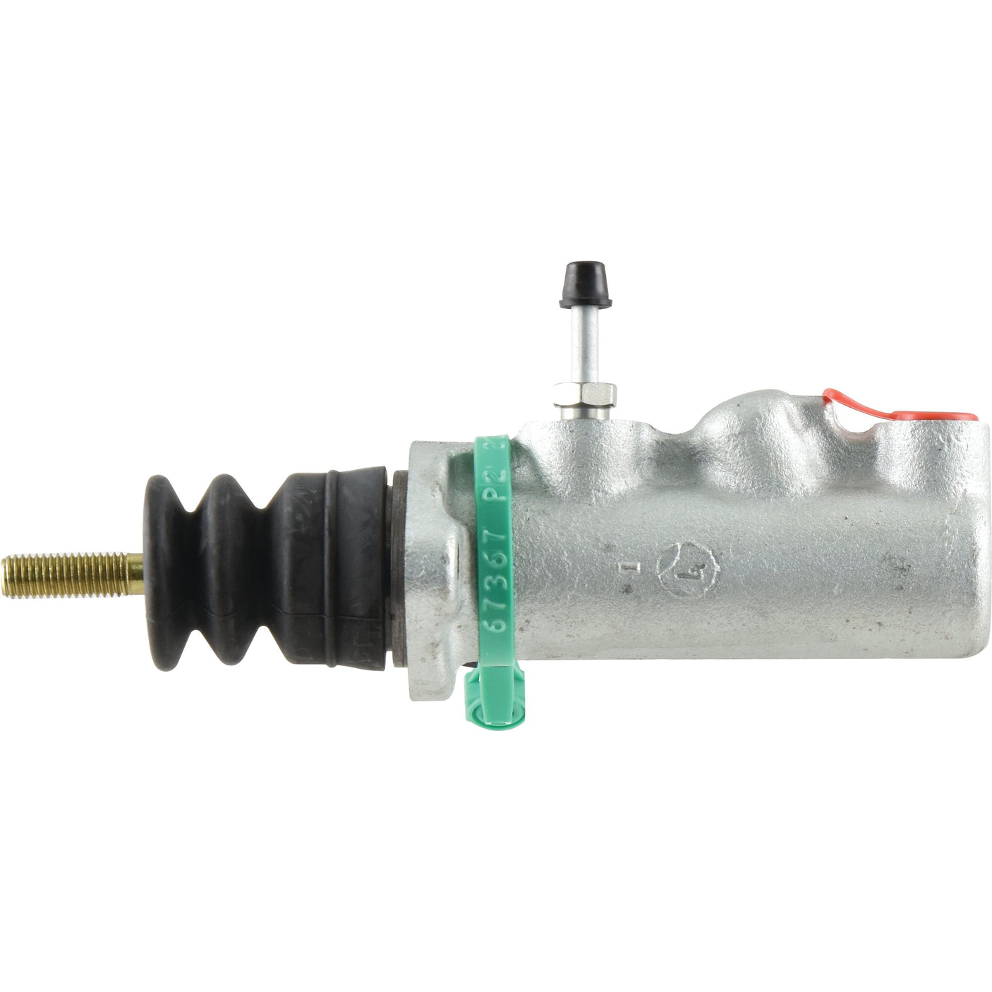 Image of a Sparex Brake Master Cylinder (Sparex Part No. S.102624) featuring a metal hydraulic cylinder with a threaded rod on one end and a rubber boot on the other, often used in JCB Fastrac vehicles.