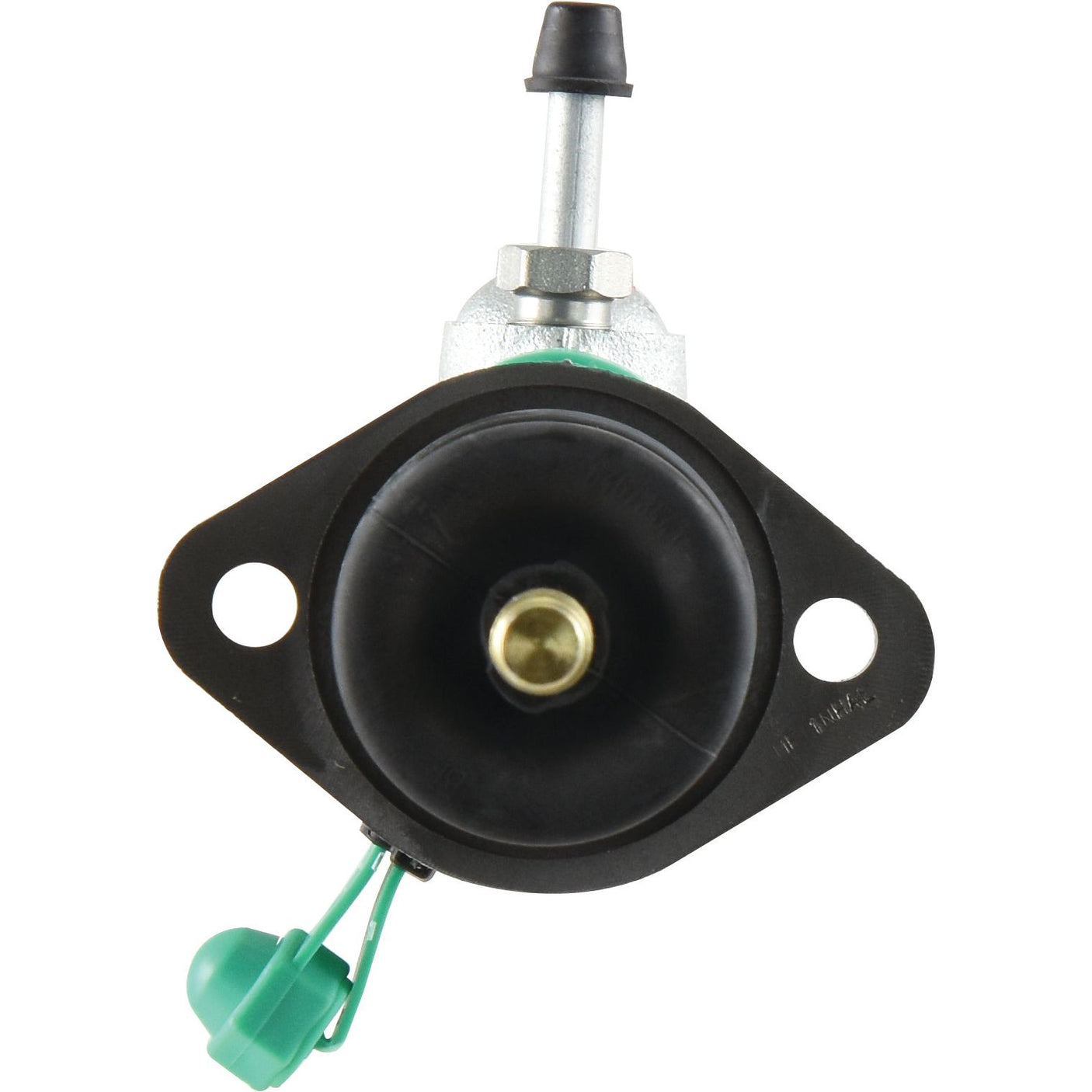 Front view of a Brake Master Cylinder, Sparex Part No. S.102624, featuring a black rubber diaphragm, metal nozzle, and a green plastic cap on a tether, similar to those used in JCB Fastrac vehicles.