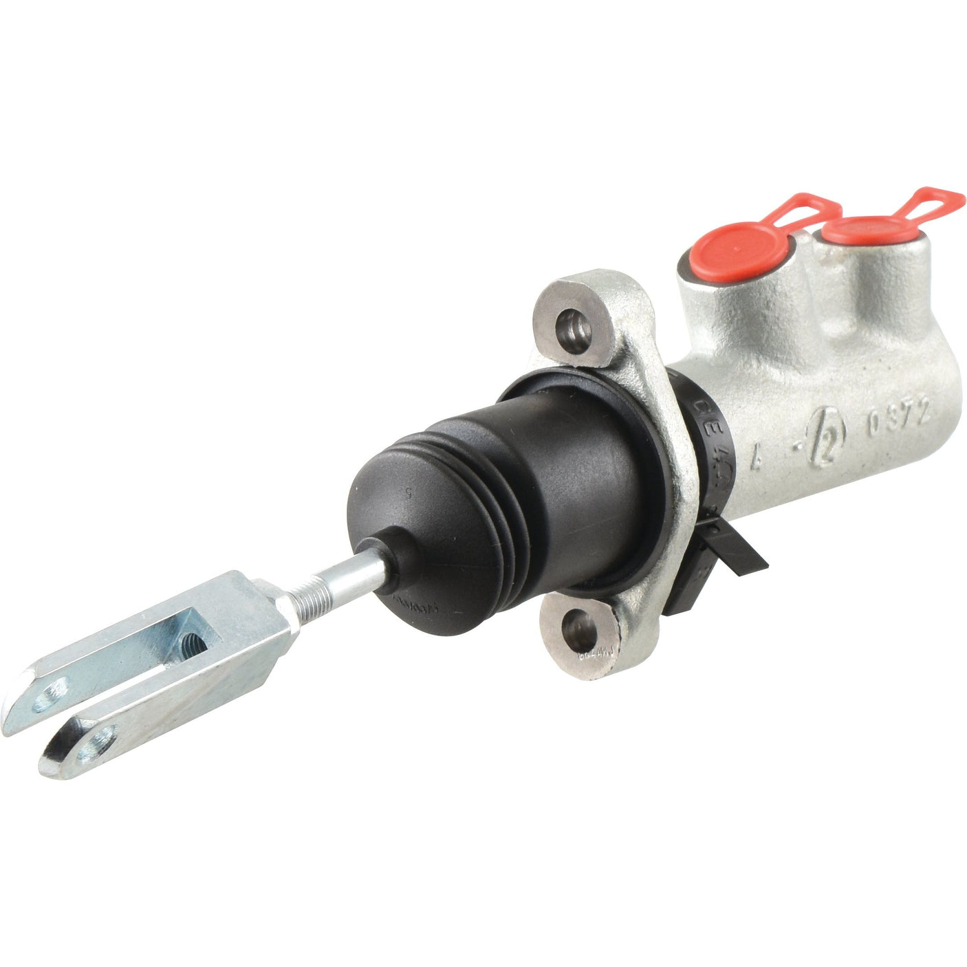 The Sparex Clutch Master Cylinder (Part No. S.102625) features a metal body, a black rubber boot, and a clevis pin at the end. It also includes two red caps located on top of the cylinder. This clutch master cylinder is compatible with Ford / New Holland models.