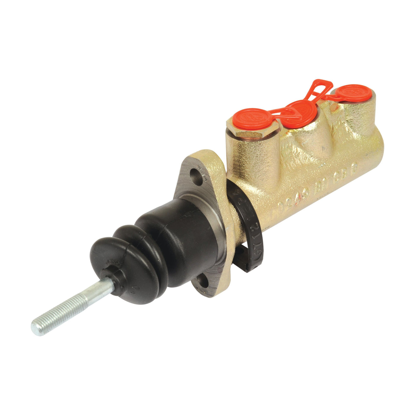 A Sparex Brake Master Cylinder, part number S.102631, designed for Massey Ferguson tractors, featuring a brass construction with three outlets and a black rubber boot on one end.