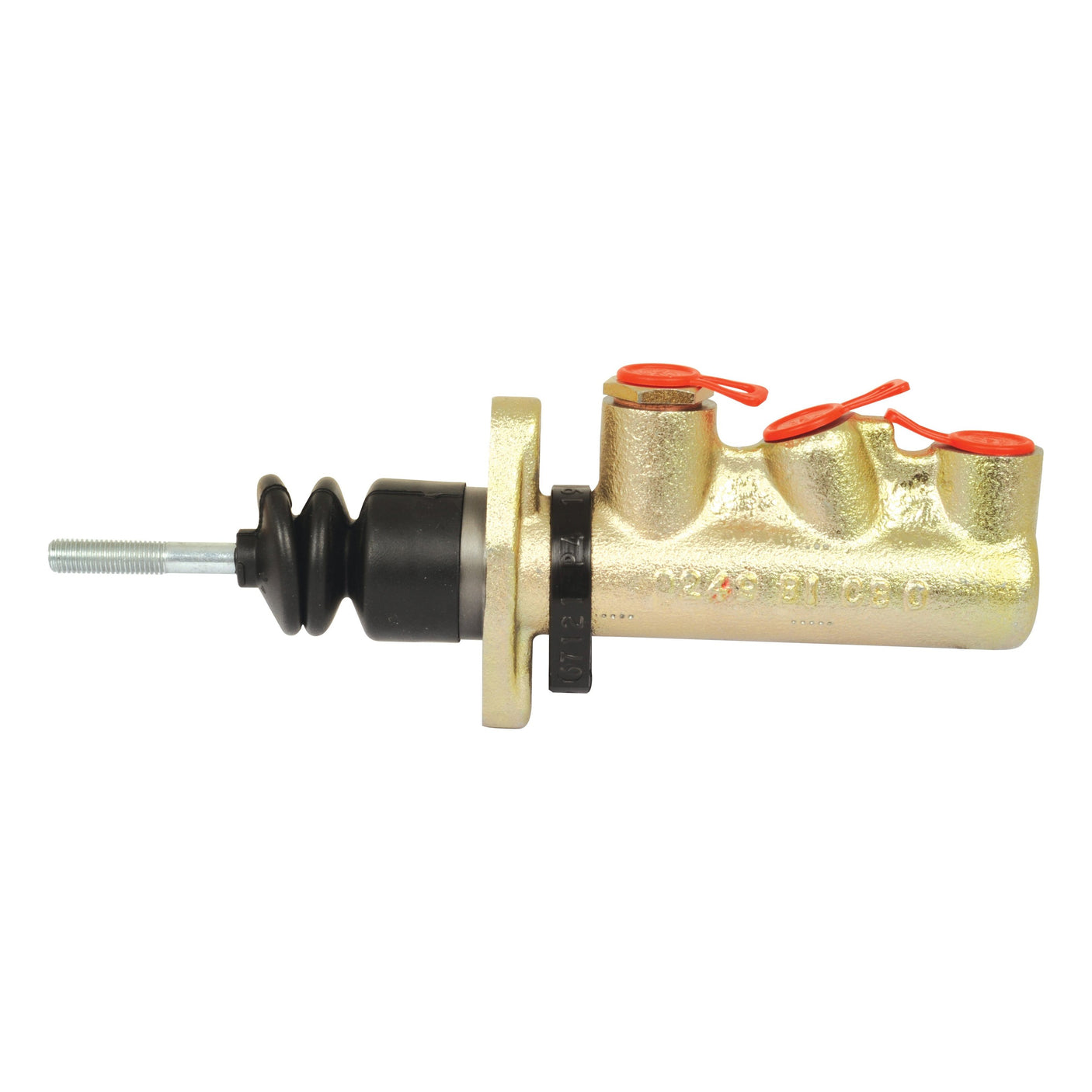 The Brake Master Cylinder by Sparex, part number S.102631, is a gold-colored component for Massey Ferguson vehicles. It features three capped ports and comes with a black rubber boot.