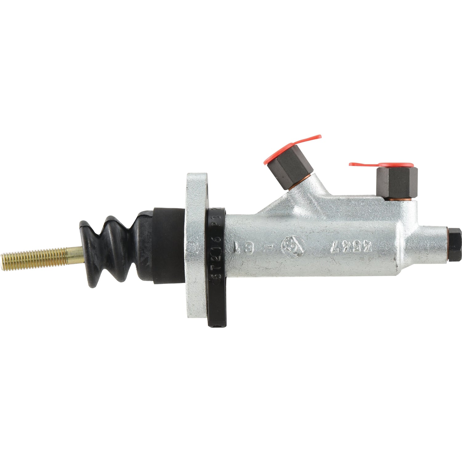 Introducing the Sparex Brake Master Cylinder (Sparex Part No. S.102641), a robust metal hydraulic brake master cylinder featuring a ribbed rubber boot on one end and two red-capped fittings on top for fluid connections.