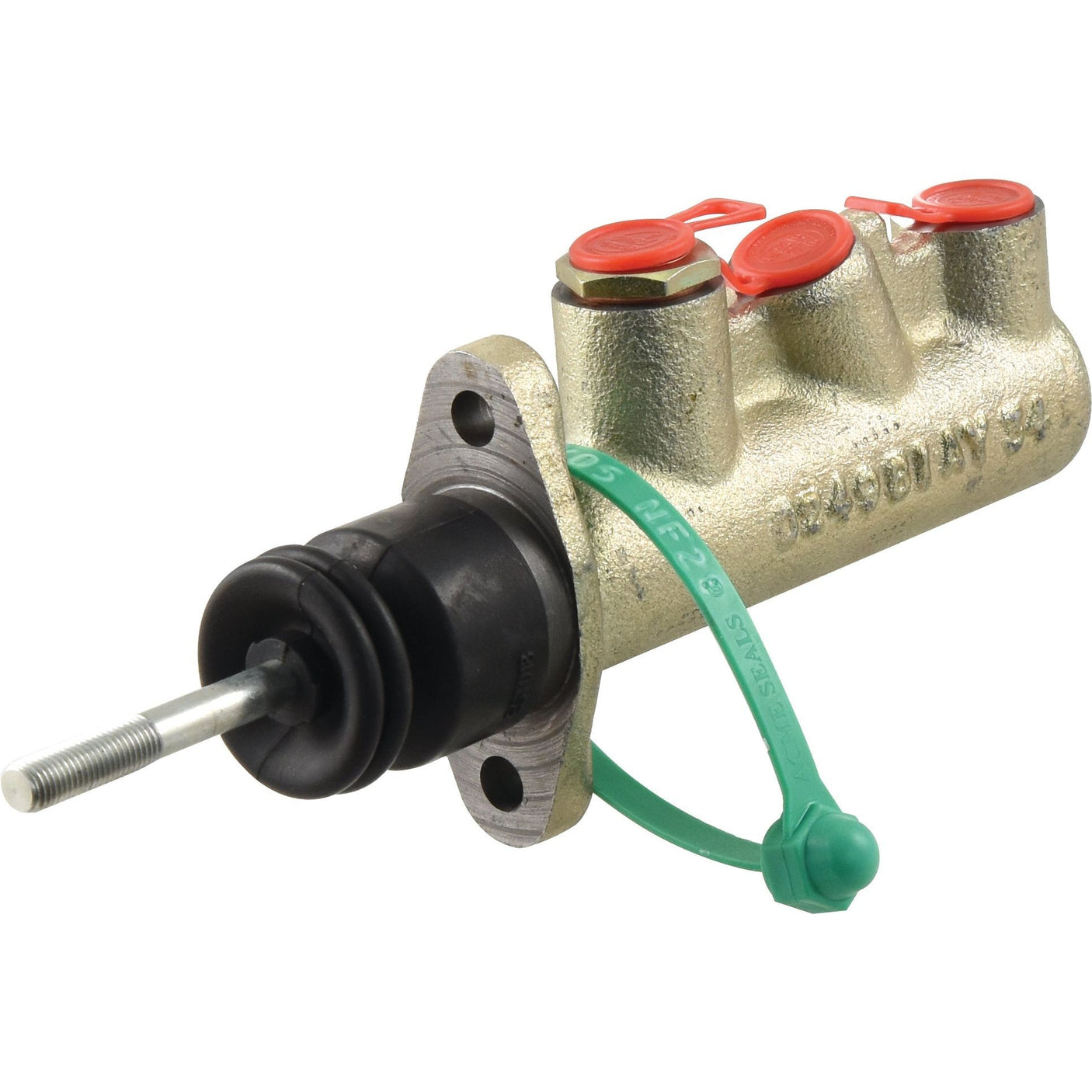 A Sparex Brake Master Cylinder (Sparex Part No. S.102643) features a metal hydraulic brake master cylinder with three red caps, a black rubber seal, and a protruding metal rod, secured with a green plastic tie.