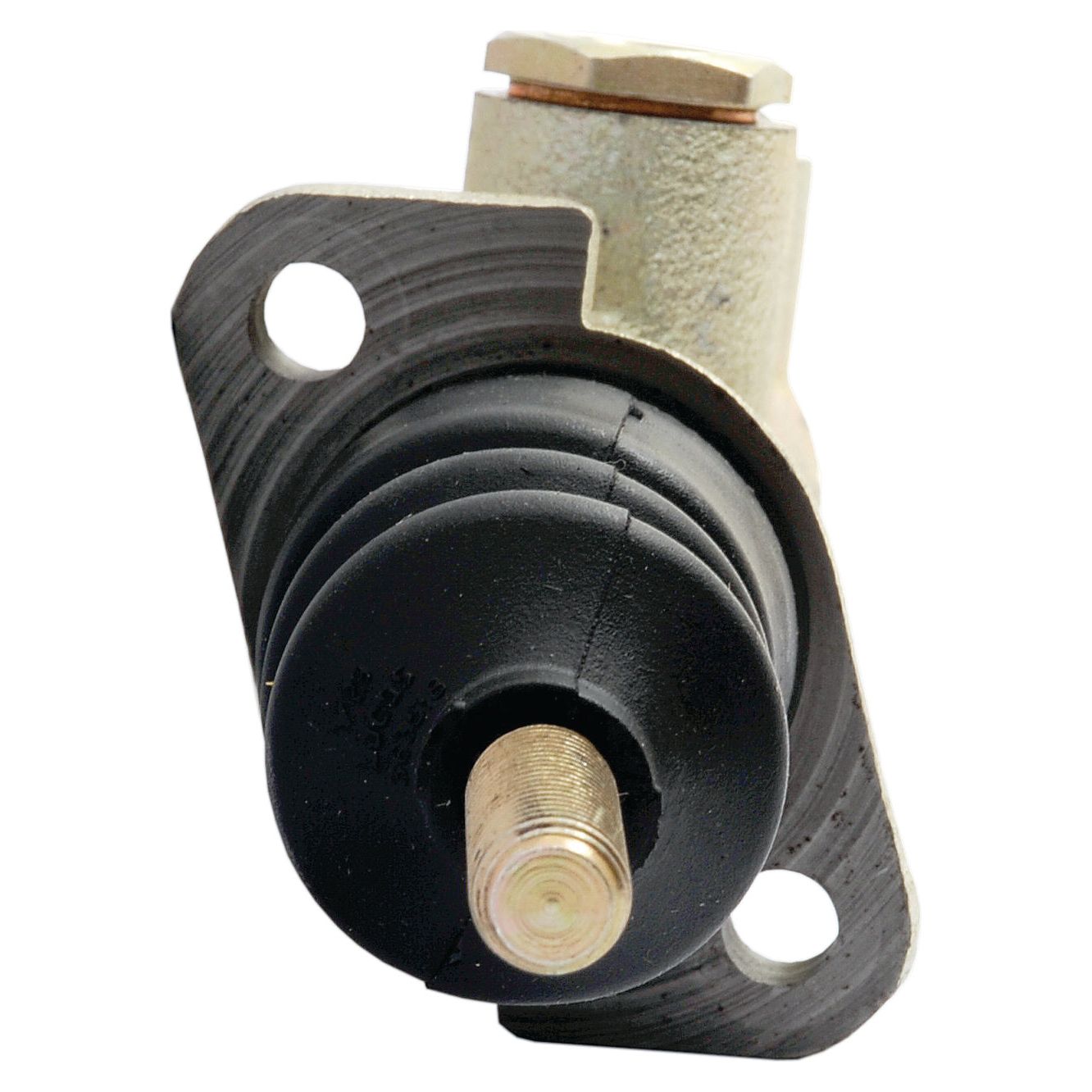 Close-up of a mechanical component from the Brake Master Cylinder (Sparex Part No.S.102650) by Sparex, featuring a threaded bolt and rubber seal, mounted on a metal bracket with two circular holes.