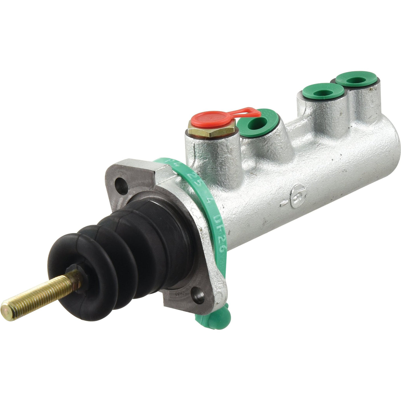 A Sparex Brake Master Cylinder Repair Kit (Sparex Part No.S.102654) featuring a black rubber boot on one end, three green-capped ports, and one red-capped port on the main body.