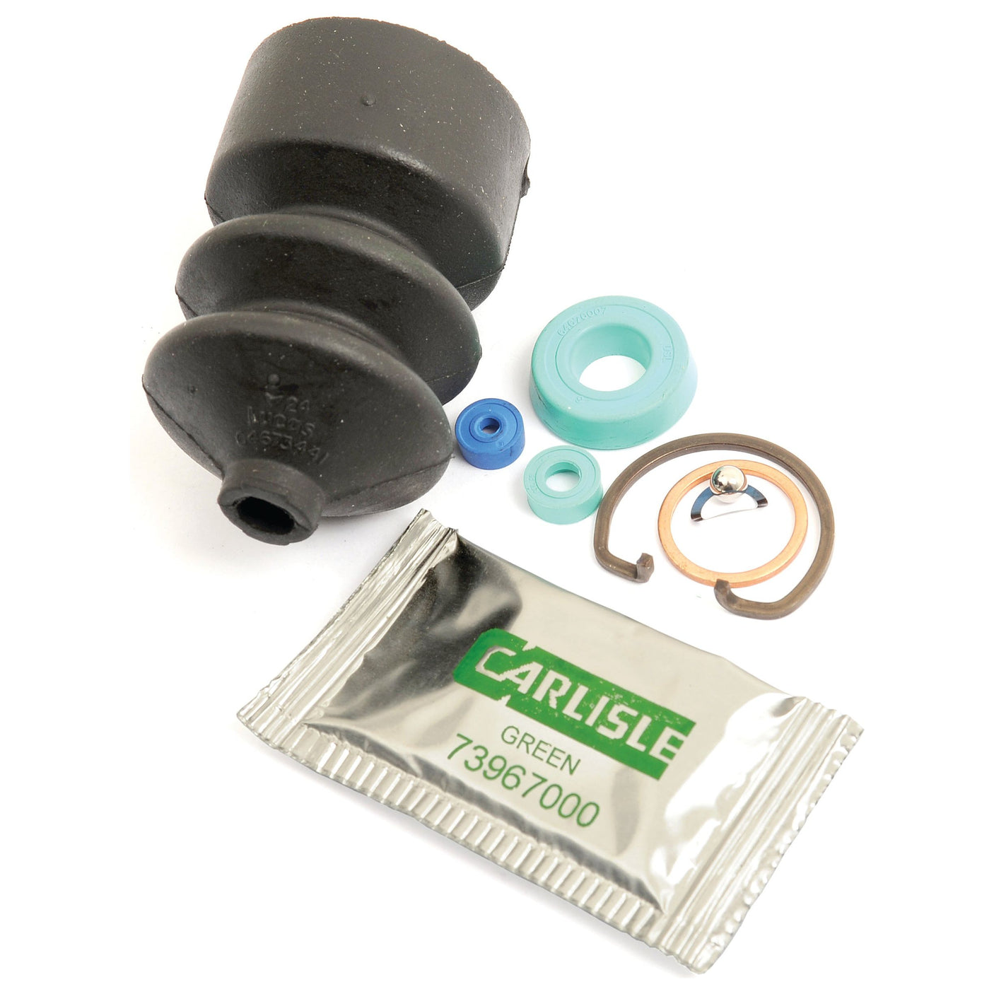 A collection of mechanical components including rubber parts, rings, small metal pieces, and a labeled packet from Carlisle marked with "GREEN 73967000." This set is the Brake Master Cylinder Repair Kit by Sparex, compatible with Case IH equipment (Sparex Part No. S.102668).