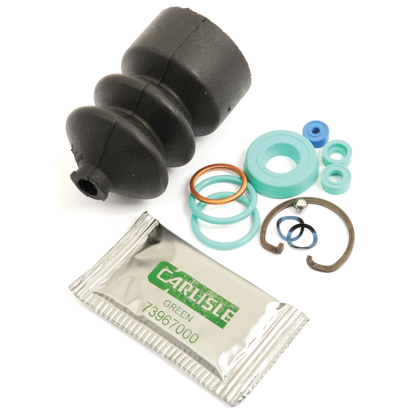 Assorted mechanical components, including a black rubber boot, metal rings, green and blue plastic rings, a ball bearing, and a packet labeled "Carlisle Green 7367000," for use with Case IH equipment are part of the Brake Master Cylinder Repair Kit by Sparex (Sparex Part No. S.102671).