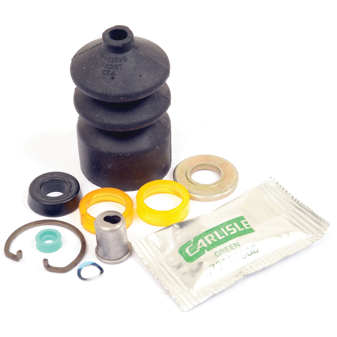 Introducing the Brake Master Cylinder Repair Kit (Sparex Part No. S.102680) by Sparex, an all-in-one solution featuring mechanical seals, rings, a rubber boot, a washer, and a small packet labeled "Carlisle Green," perfect for maintaining your JCB FASTRAC or as Sparex replacements.