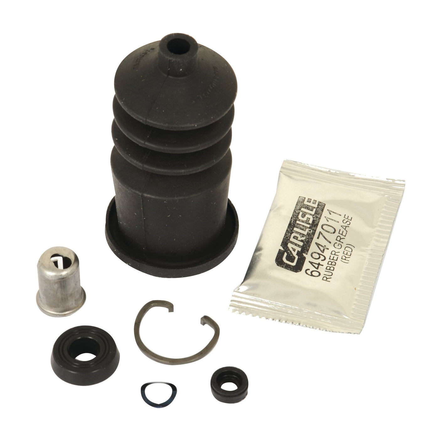 A variety of automotive parts, including a black rubber cover, metal cylinder, retaining ring, seal, and a packet of rubber grease are laid out on a white background. This Brake Master Cylinder Repair Kit (Sparex Part No. S.102682) by Sparex is perfect for servicing your Ford New Holland Brake Master Cylinder or similar systems.