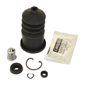 A variety of automotive parts, including a black rubber cover, metal cylinder, retaining ring, seal, and a packet of rubber grease are laid out on a white background. This Brake Master Cylinder Repair Kit (Sparex Part No. S.102682) by Sparex is perfect for servicing your Ford New Holland Brake Master Cylinder or similar systems.