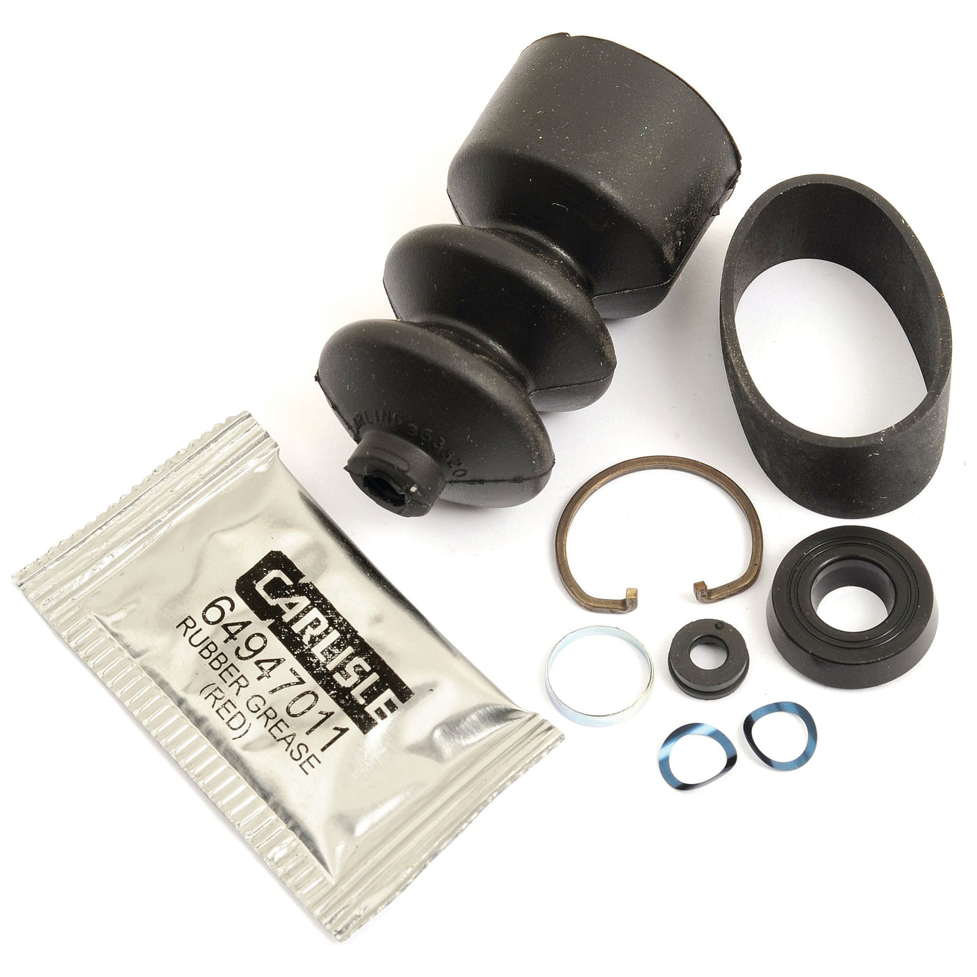 The Sparex Brake Master Cylinder Repair Kit (Part No.S.102684) includes a black rubber boot, sealing rings, a grease packet, and small metal components to address your Brake Master Cylinder requirements.