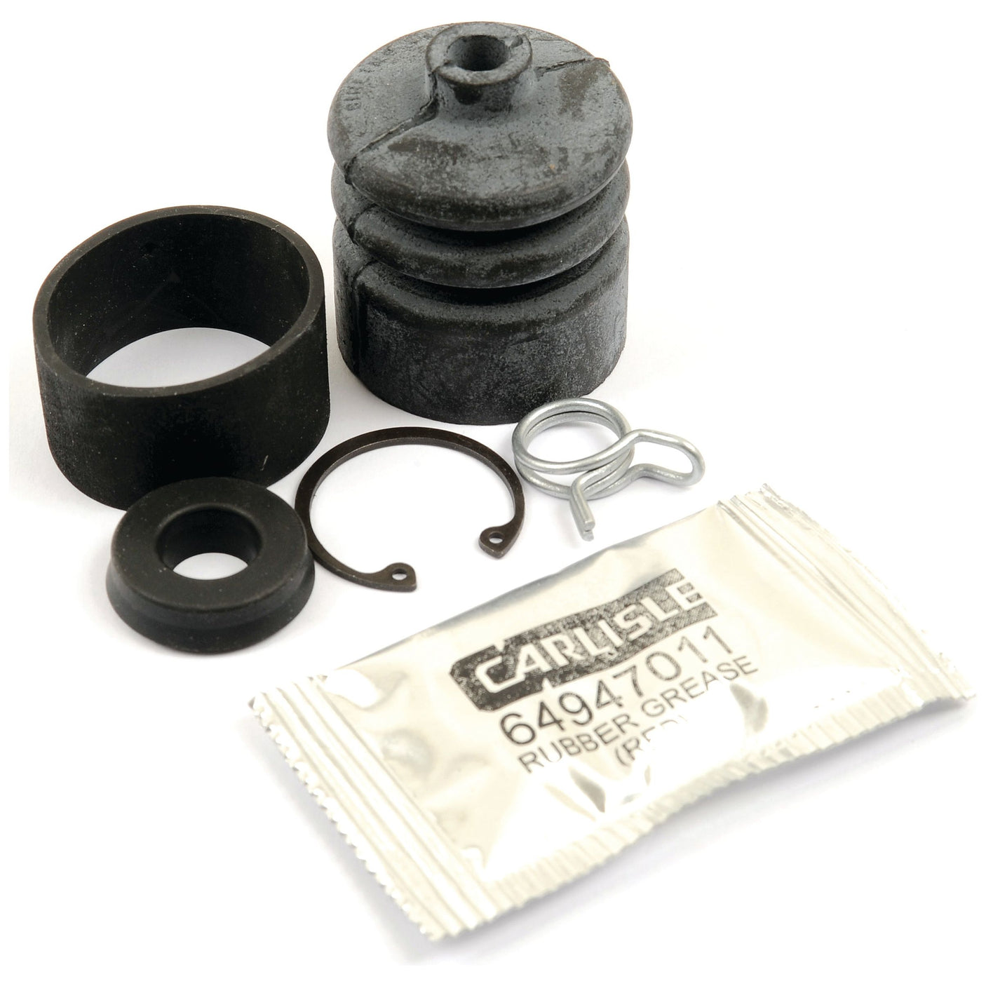 The Brake Slave Cylinder Repair Kit (Sparex Part No.S.102693) by Sparex is a comprehensive solution for Ford / New Holland vehicles, featuring expertly crafted mechanical parts such as rubber seals, metal clips, a spring, and a packet of Carlisle rubber grease.