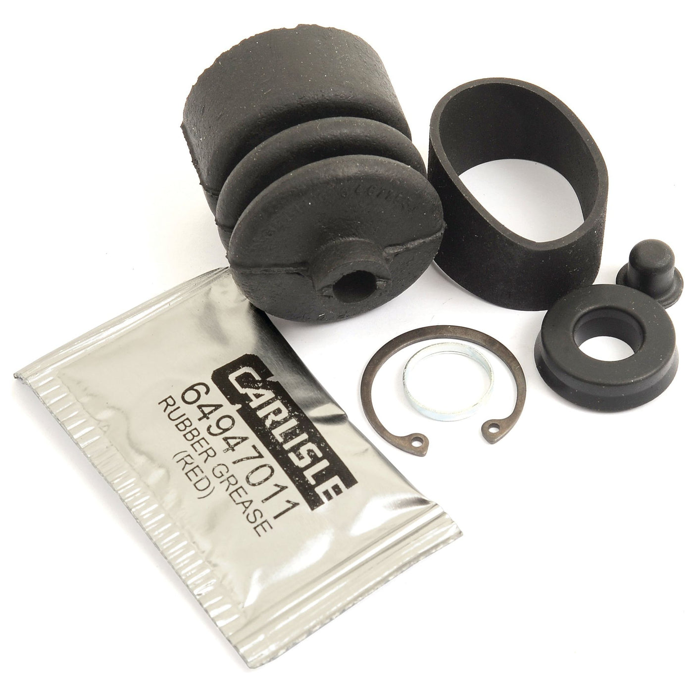 A Brake Slave Cylinder Repair Kit from Sparex (Sparex Part No. S.102694) containing rubber components, metal clips, and a sachet of Carlisle rubber grease for Landini 7550.