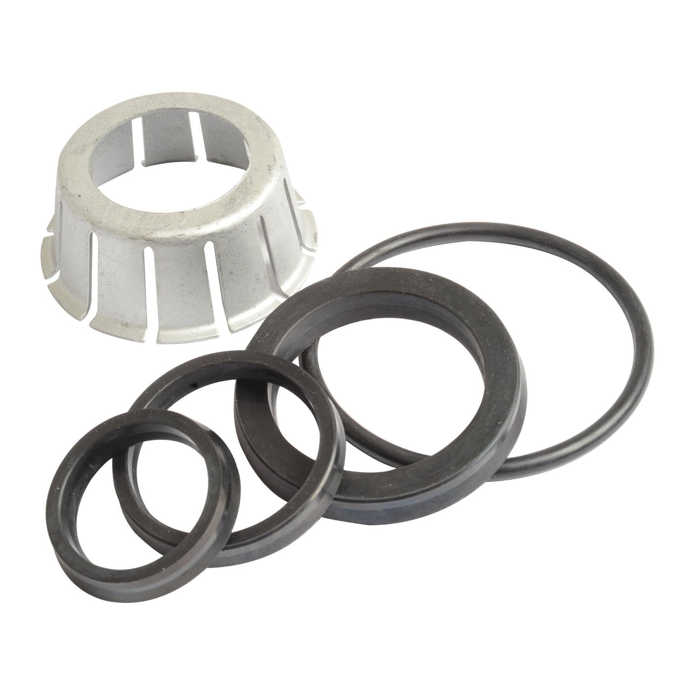 The Brake Slave Cylinder Repair Kit by Sparex (Part No. S.102704), featuring an assortment of mechanical sealing washers and a metal casting ring, is ideal for use in a Fendt Tractor brake slave cylinder and is displayed against a white background.