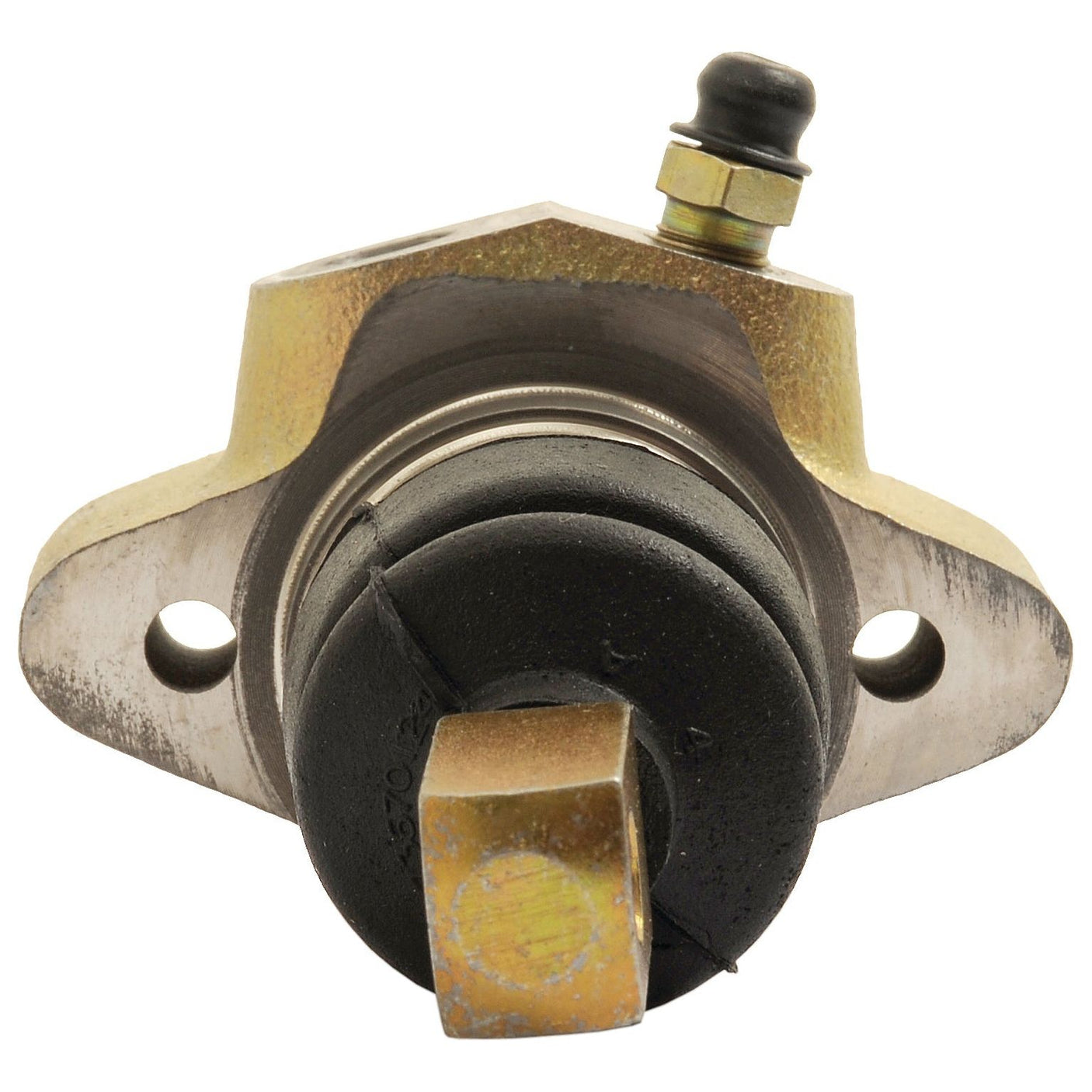 Close-up of a mechanical part, likely an automotive or industrial component, featuring a cylindrical shape, two mounting holes, and a hexagonal brass fitting. This Brake Slave Cylinder (RH & LH) by Sparex (Part No. S.102707) is compatible with Ford / New Holland equipment.