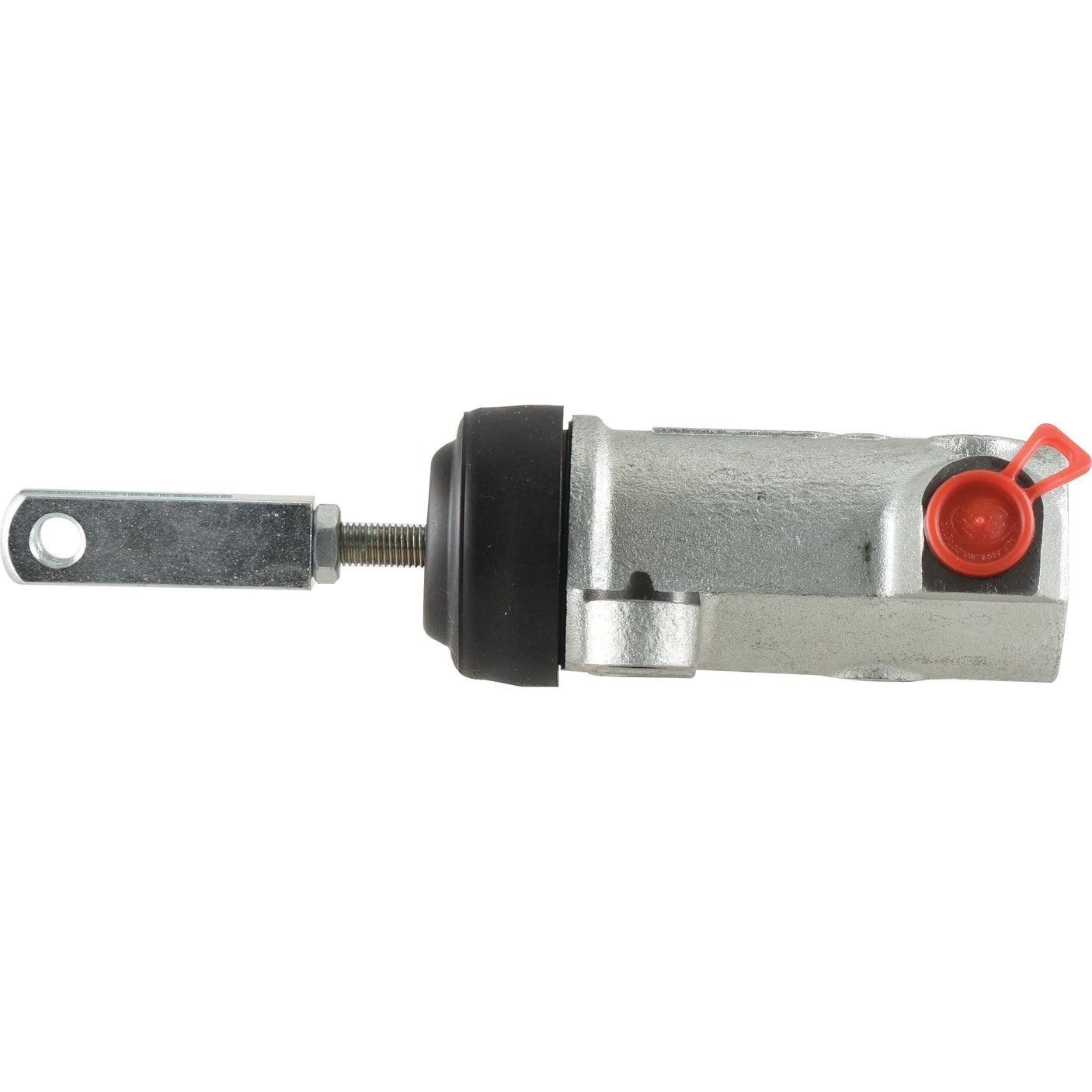 Image of the Sparex Clutch Slave Cylinder (Sparex Part No. S.102708), a metal mechanical component with a cylindrical body, protruding rod, and red plastic cap on one side, reminiscent of those found in Ford New Holland machinery.