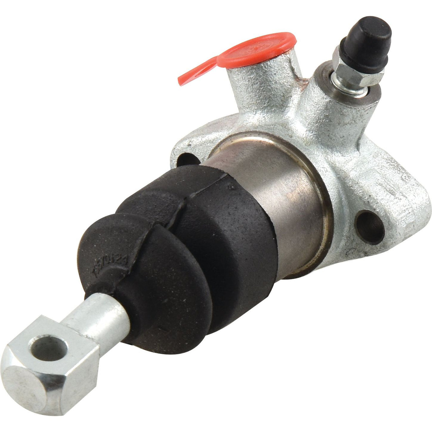 The Brake Slave Cylinder (RH & LH), Sparex Part No. S.102709, from Sparex, is designed for a Ford New Holland. It features a metal mechanical part with a cylindrical section, a black rubber bumper, a hexagonal end, and includes a small red cap on one of the protrusions.