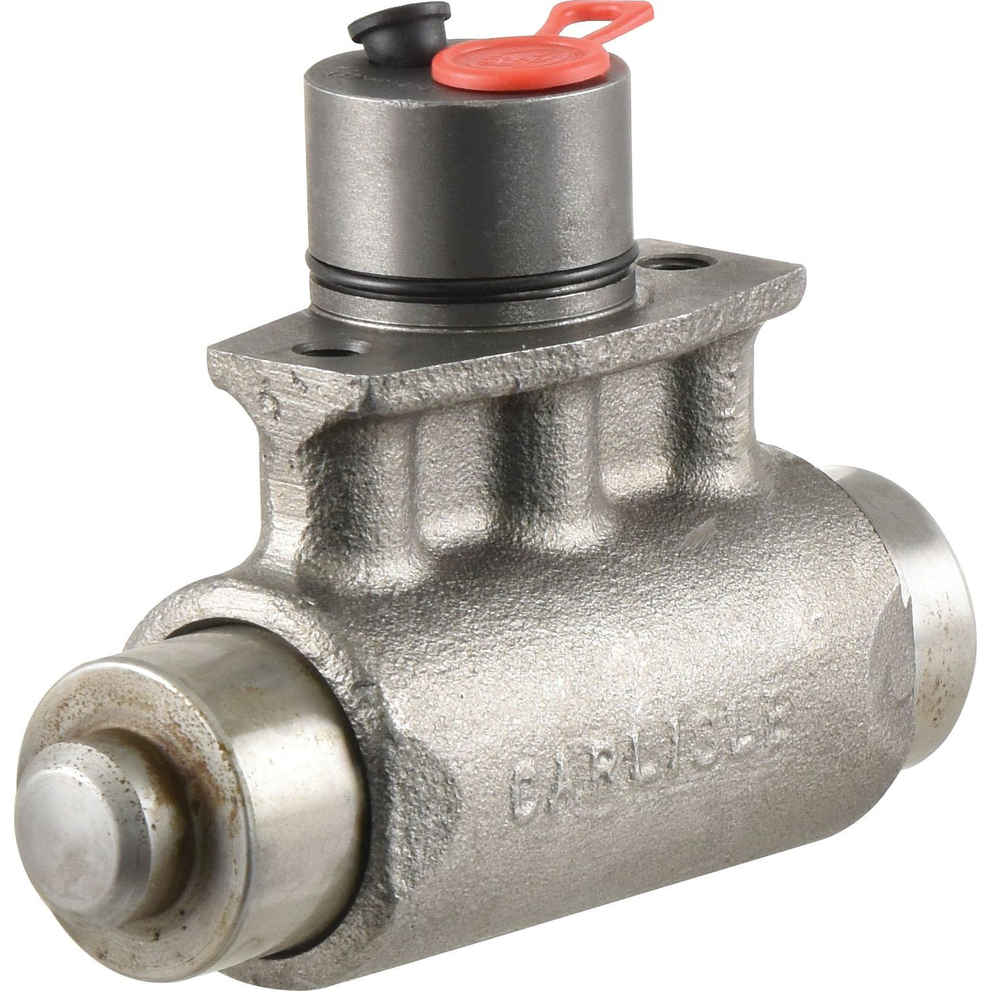 The Brake Slave Cylinder (LH) | Sparex Part No. S.102714 by Sparex is a silver-gray hydraulic cylinder with a black and red valve on top, compatible with mineral oil, used for controlling fluid flow in Massey Ferguson machinery.