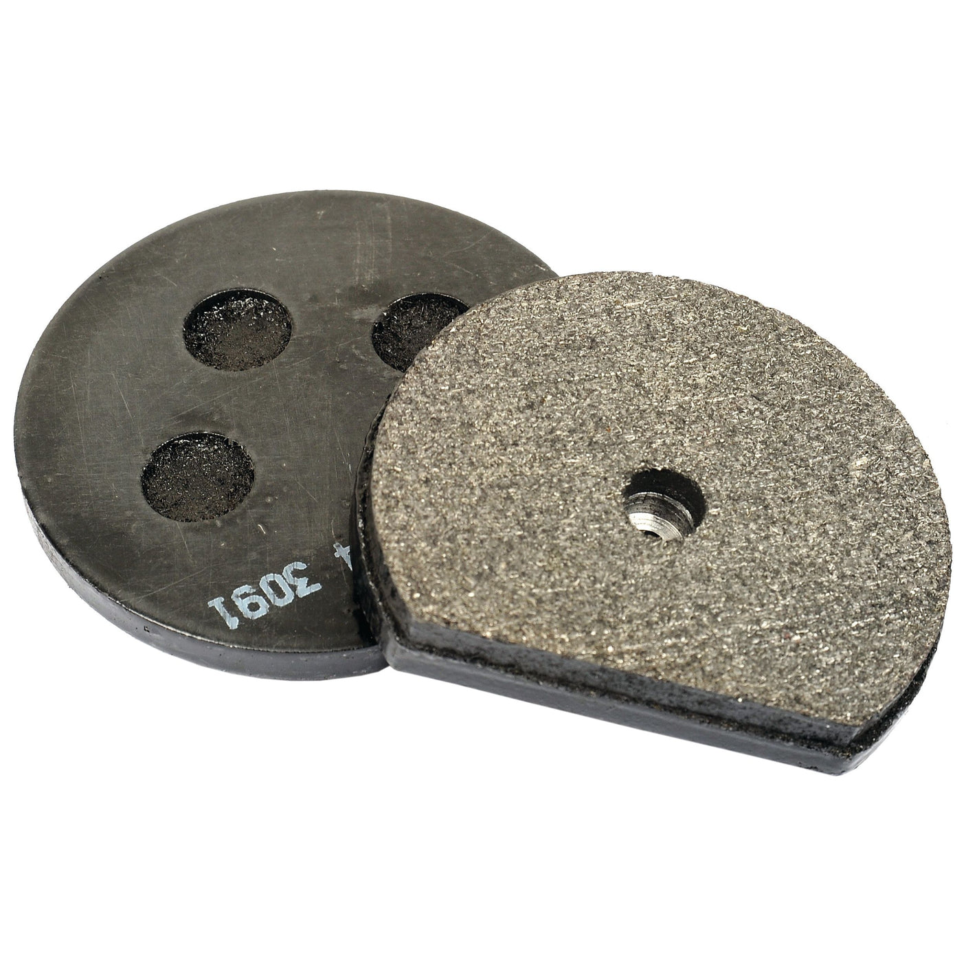 Two circular brake pads are displayed. One pad has a smooth, dark surface with three holes, and the other has a rougher, textured surface with a single center hole. These detailed product specifications match the quality standards of JCB and the Brake Pad (Sparex Part No. S.102722) from Sparex.