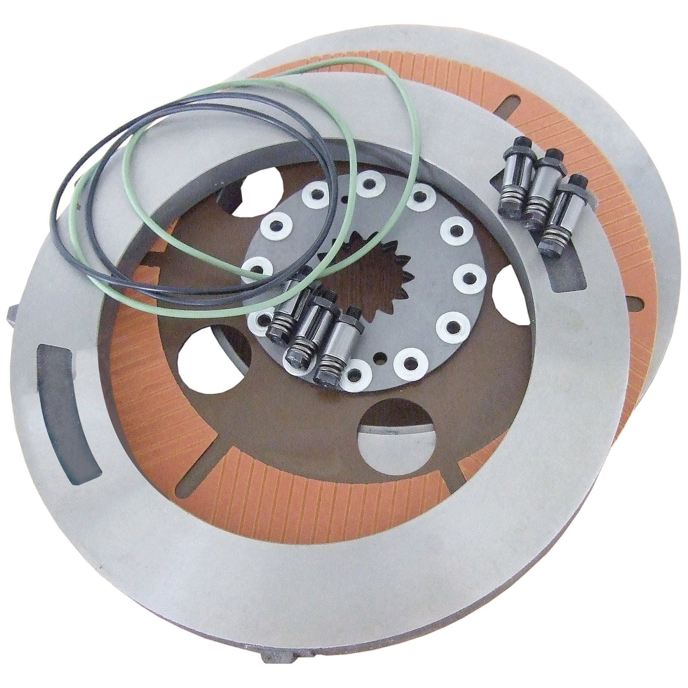 A Brake Disc Kit (Sparex Part No. S.102730) from Sparex, featuring heavy-duty brake rotor discs along with essential hardware such as bolts and O-rings, arranged on a white background.