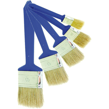 Five blue-handled paintbrushes from the Sparex Flat Paintbrush Dispenser Kit - Economy (42 pcs., S.10273), with bristle widths ranging from 20mm to 70mm, are fanned out to display their bristle ends.