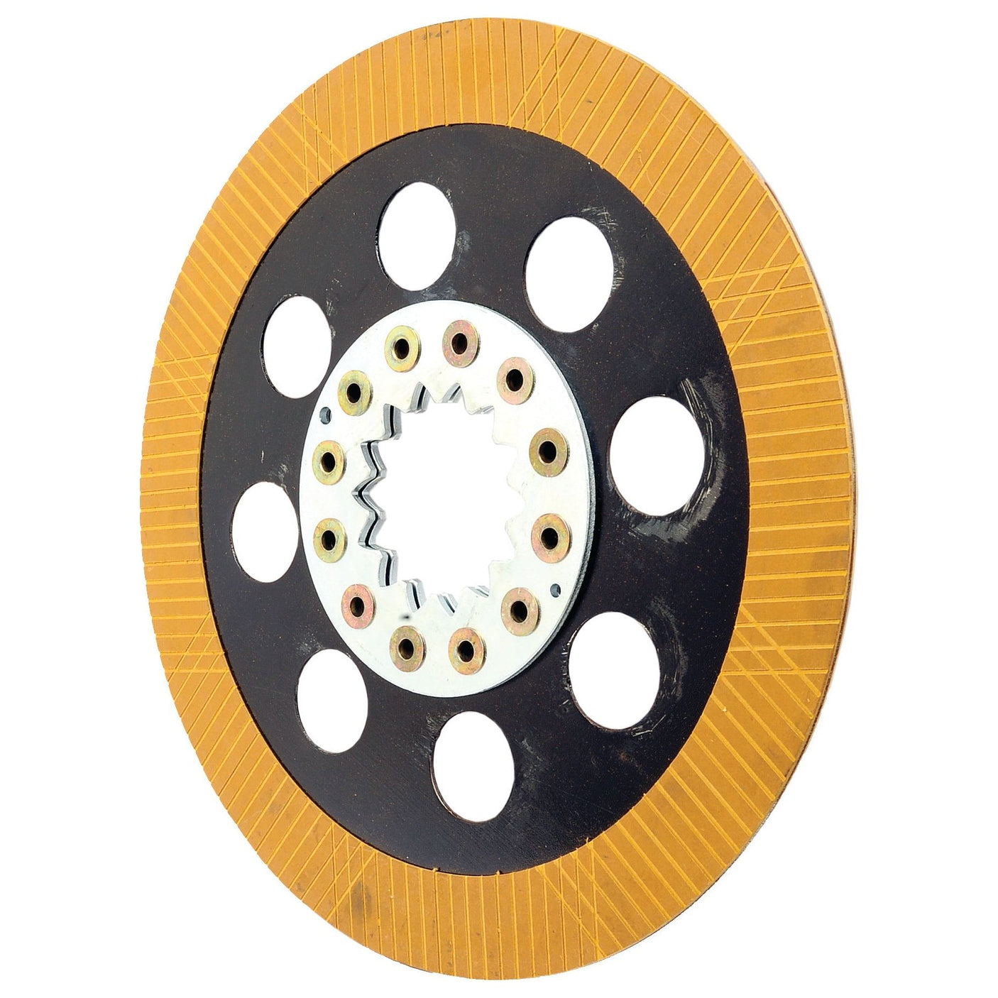 A circular Brake Friction Disc from Sparex, with a black inner ring, yellow outer ring, nine large holes, and a central spline gear suitable for the Massey Ferguson 5475. Product code: S.102745 with an outside diameter of 354mm.