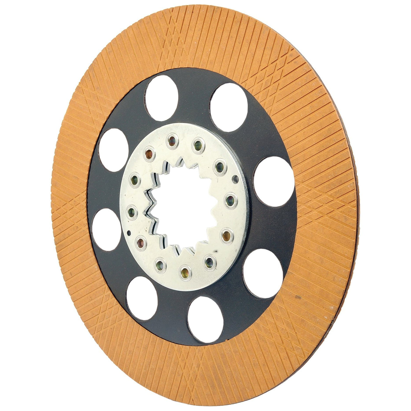 A Sparex Brake Friction Disc (OD 343mm - S.102746) with a patterned brown overlay, multiple circular cutouts, and a toothed central hole, perfect for Massey Ferguson machinery.