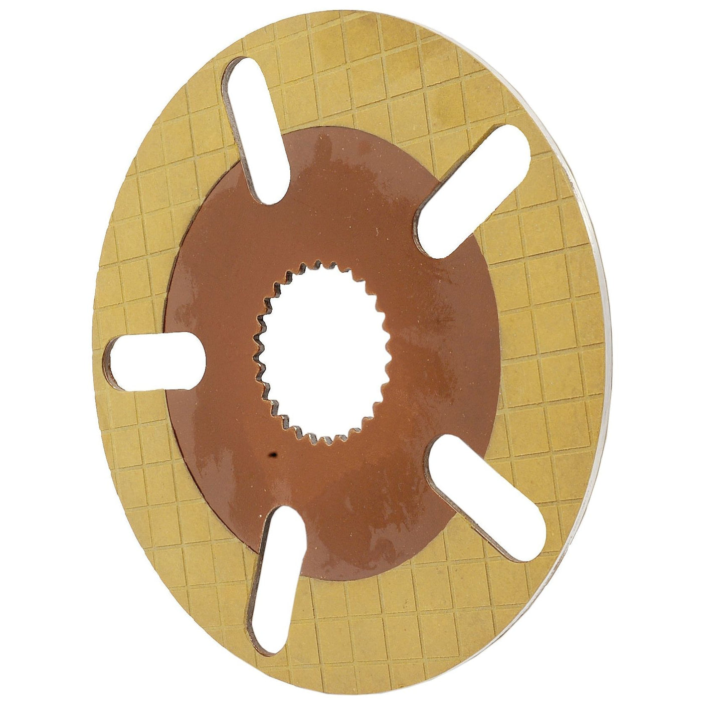 A Brake Friction Disc by Sparex (S.102748, OD 222mm) featuring a golden grid pattern, five elongated cutouts resembling a Massey Ferguson part, and a jagged inner ring.