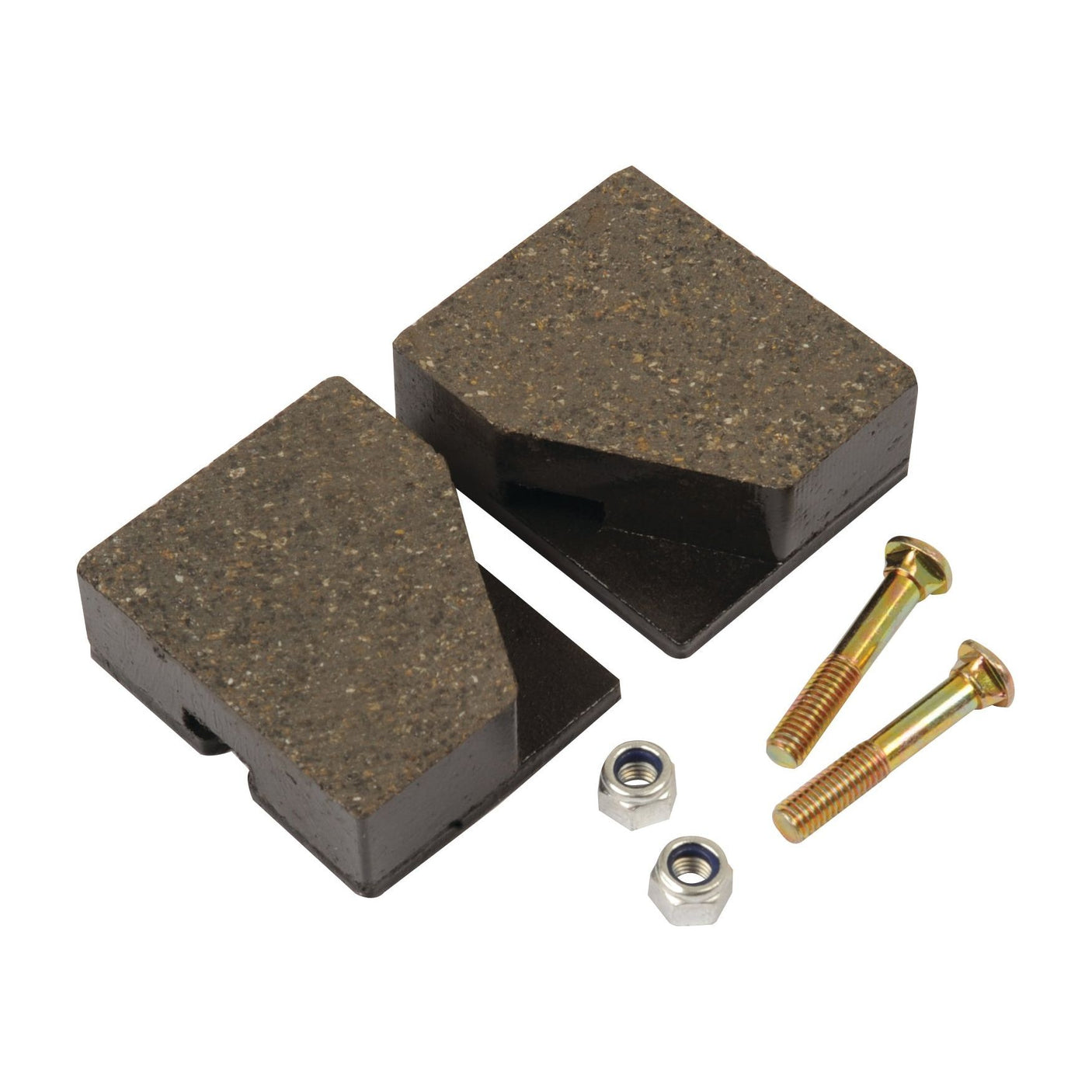 Two rectangular Brake Pads (Sparex Part No. S.102756), complemented by two gold-colored bolts and nuts, are laid on a white surface. These high-quality Sparex parts have an overall height of 38mm, making them ideal for your equipment needs.