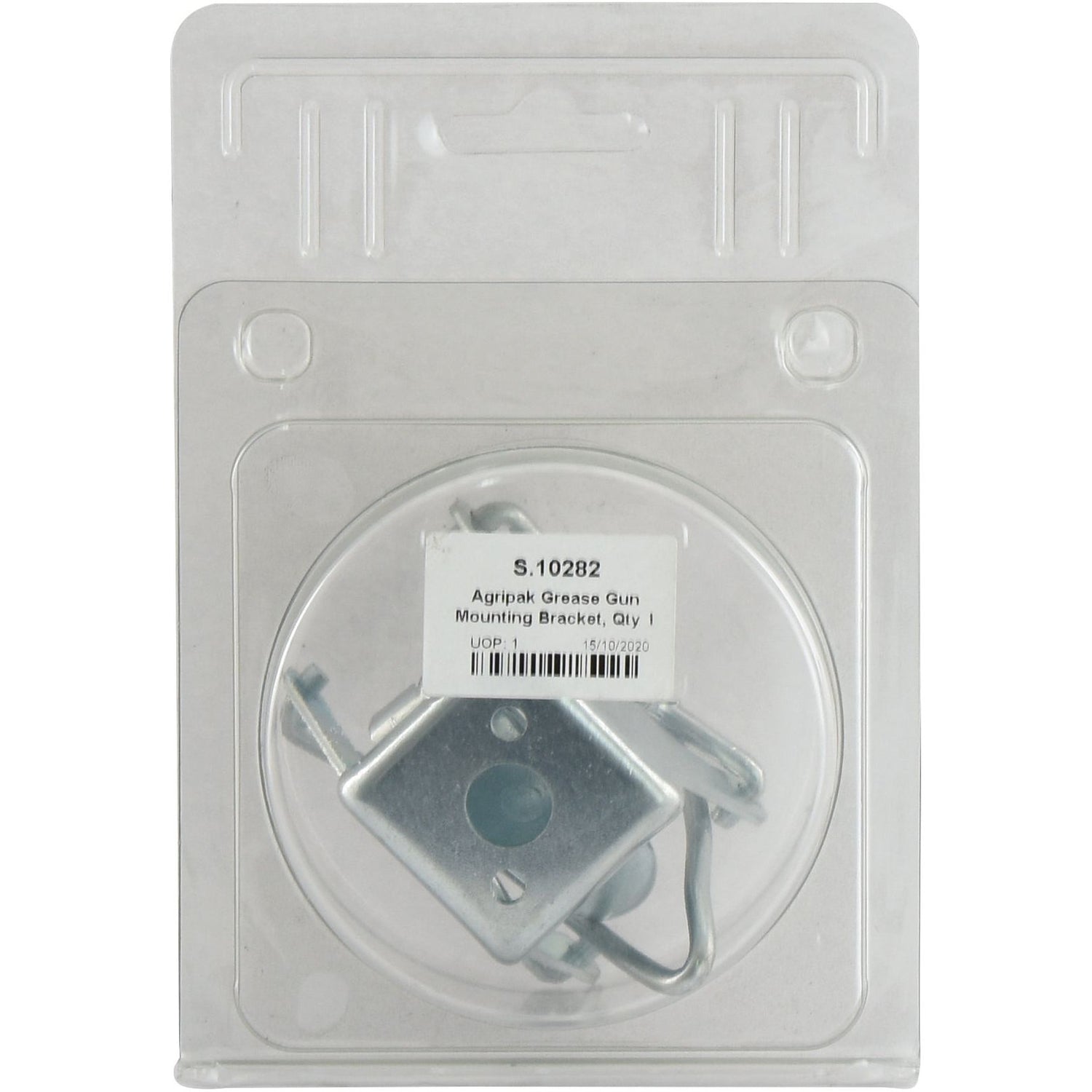 Sealed packaging of the Agripak Grease Gun Mounting Bracket, Sparex Part No. S.10282. The grease gun holder is visible through the transparent plastic cover and is compatible with a 400g Grease Gun.