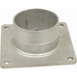 The Sparex Square Flange with Thread 5'' BSPT (130mm) (Galvanised) - S.103086 is a metal flange pipe with a square base and four mounting holes. Its cylindrical section features external BSPT threading, making it an ideal universal coupler for various applications.