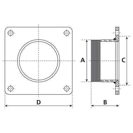 Technical diagram of the Square Flange with Thread 8'' BSPT (200mm) (Galvanised) - S.103088, by Sparex, featuring side and front sectional views. Labeled dimensions include A, B, C, and D for various part measurements. Mounting holes are marked on the flange. The design includes a BSPT Thread for secure connections.