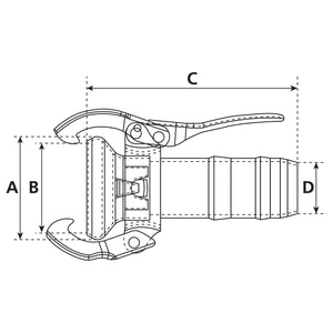 Technical drawing of a coupling with hose end, showing dimensions labeled as A, B, C, and D. The diagram details the components and measurements of the Sparex Coupling with hose end - Female 4'' (108mm) x4'' (102mm) (Galvanised) - S.103151's structure, including a clamp ring tightly securing the various parts.