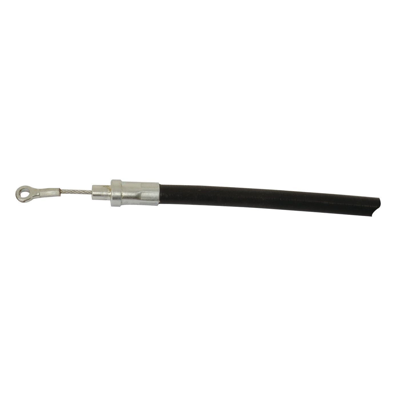 Image of a Sparex Remote Control Cable 2.4M (Sparex Part No.S.103257) in black, insulated design, featuring a metal loop terminal at one end and a metal sleeve connector in the middle.