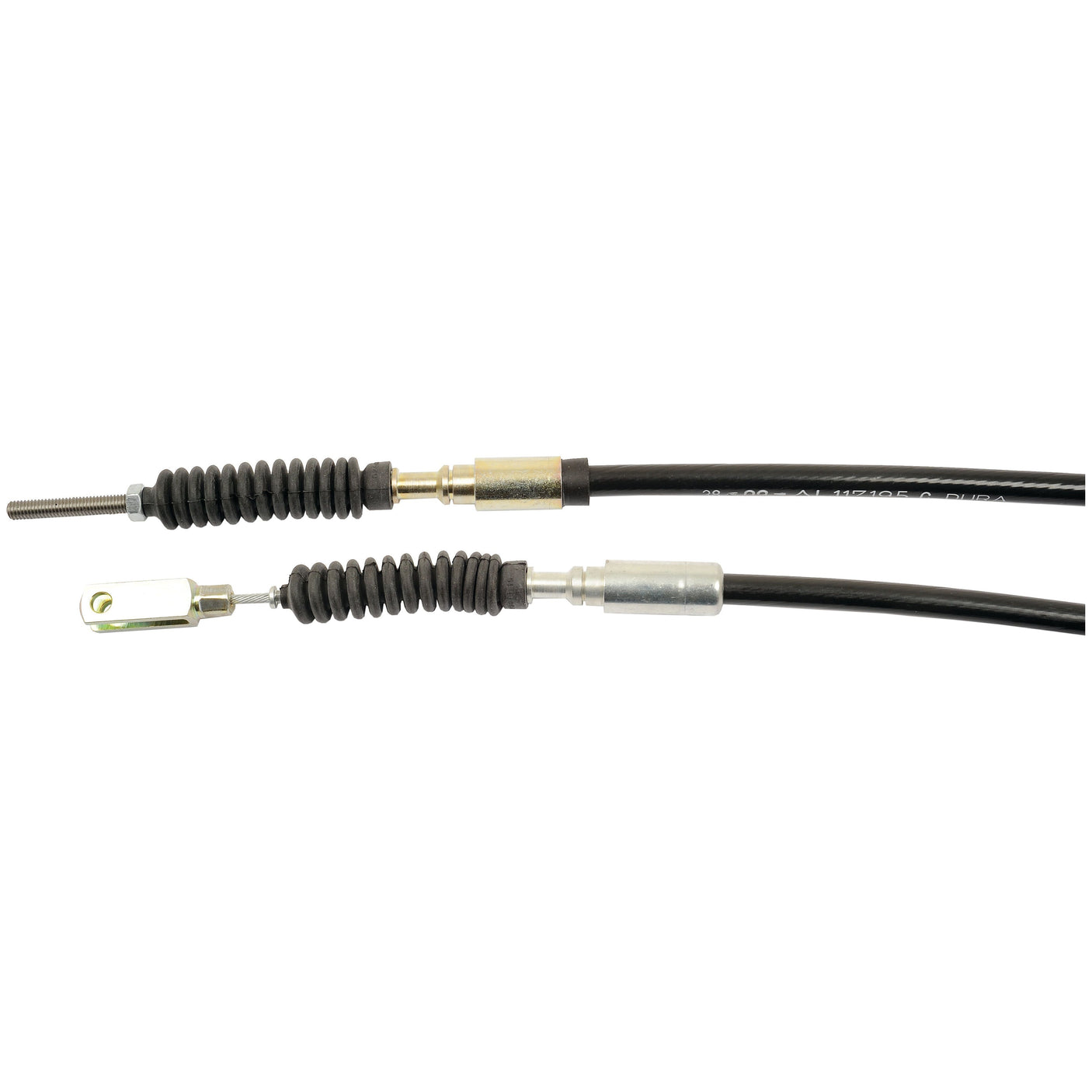 Sparex Clutch Cable (Part No. S.103263) features a length of 940mm and an outer cable length of 657mm, including rubber boots, metal ends, and threaded connectors, making it ideal for automotive or machinery applications such as John Deere equipment.