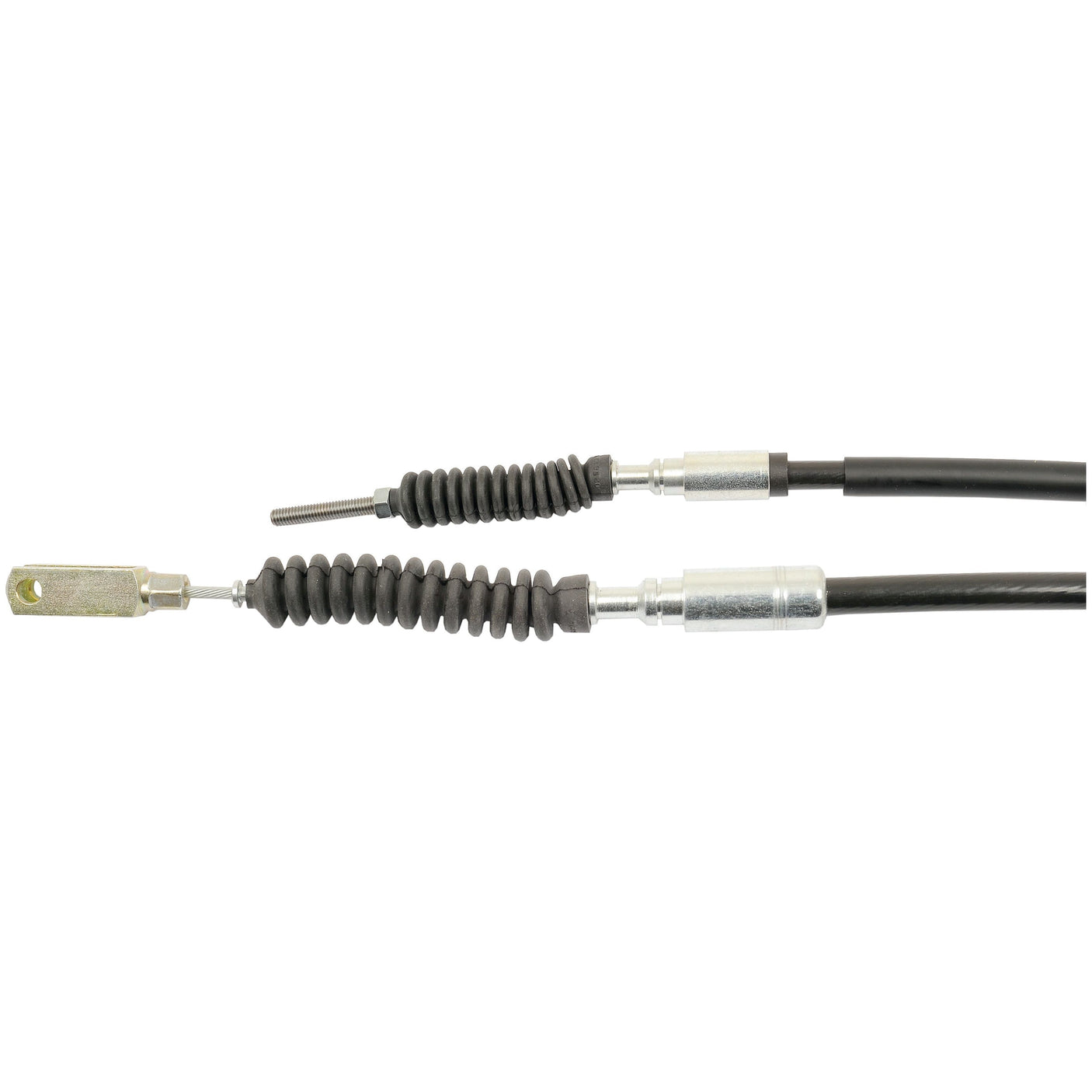 Close-up of two black automotive control cables, resembling the Sparex Clutch Cable model S.103264 with a length of 1111mm and an outer cable length of 828mm. They feature flexible rubber sections and metallic fittings at the ends, laid parallel on a white background.