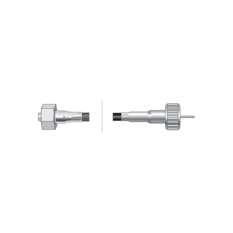 Illustration of two types of cable connectors, one featuring a hexagonal nut and the other with a knurled circular grip, displayed horizontally. Compatible with Massey Ferguson machinery for those seeking the reliable Sparex Drive Cable (Part No. S.103271), which has an outer cable length of 1698mm and an overall length of 1735mm.